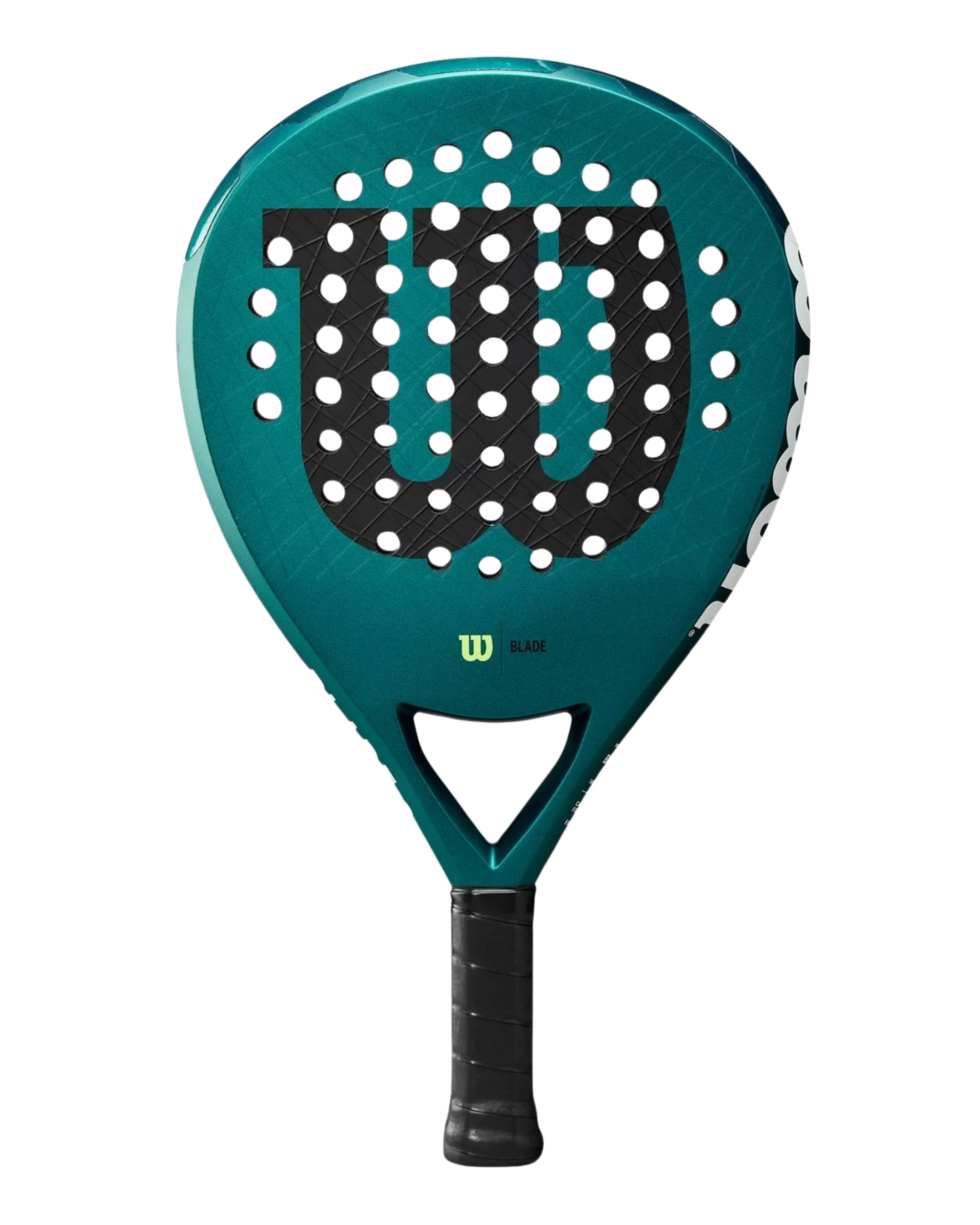 The Wilson Blade PRO V3 by Padel USA is a green padel racket with a large black "W" logo, round head with white holes, black grip handle, and "BLADE" branding beneath the logo on a plain white background.