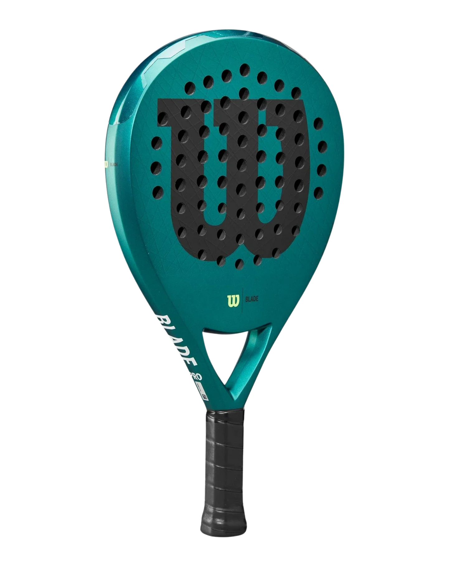 The Wilson Blade PRO V3 padel racket by Padel USA features a teal and black design, carbon fiber build, round head with airflow holes, black grip, bold W logo, and "Blade" printed in white on the throat against a plain white background.