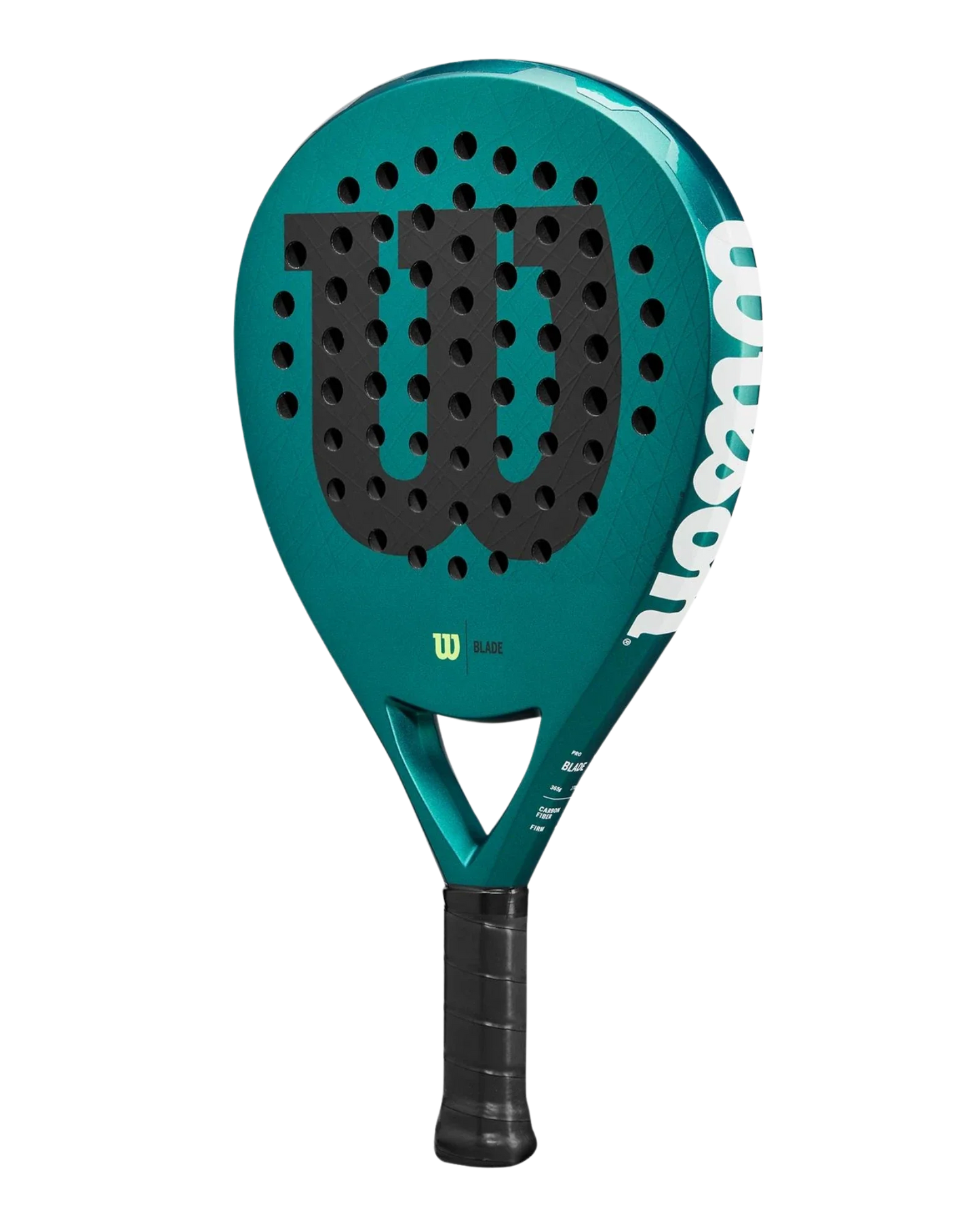The Wilson Blade PRO V3 padel racket from Padel USA features a green, teardrop-shaped design with a black grip, perforated carbon fiber face, a large black W logo on the front, and "Wilson" in white on the side. Glossy finish; shown on white background.