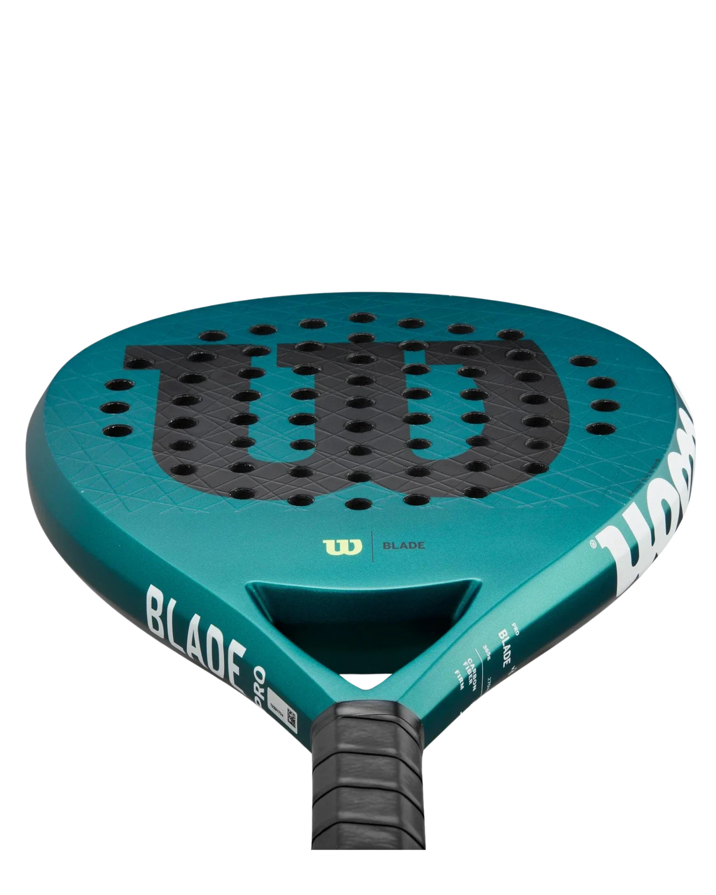 Close-up of the Wilson Blade PRO V3 padel racket from Padel USA in teal, featuring a carbon fiber face with round holes, a bold black W logo, and a textured black handle with "BLADE PRO" printed on the side in white.