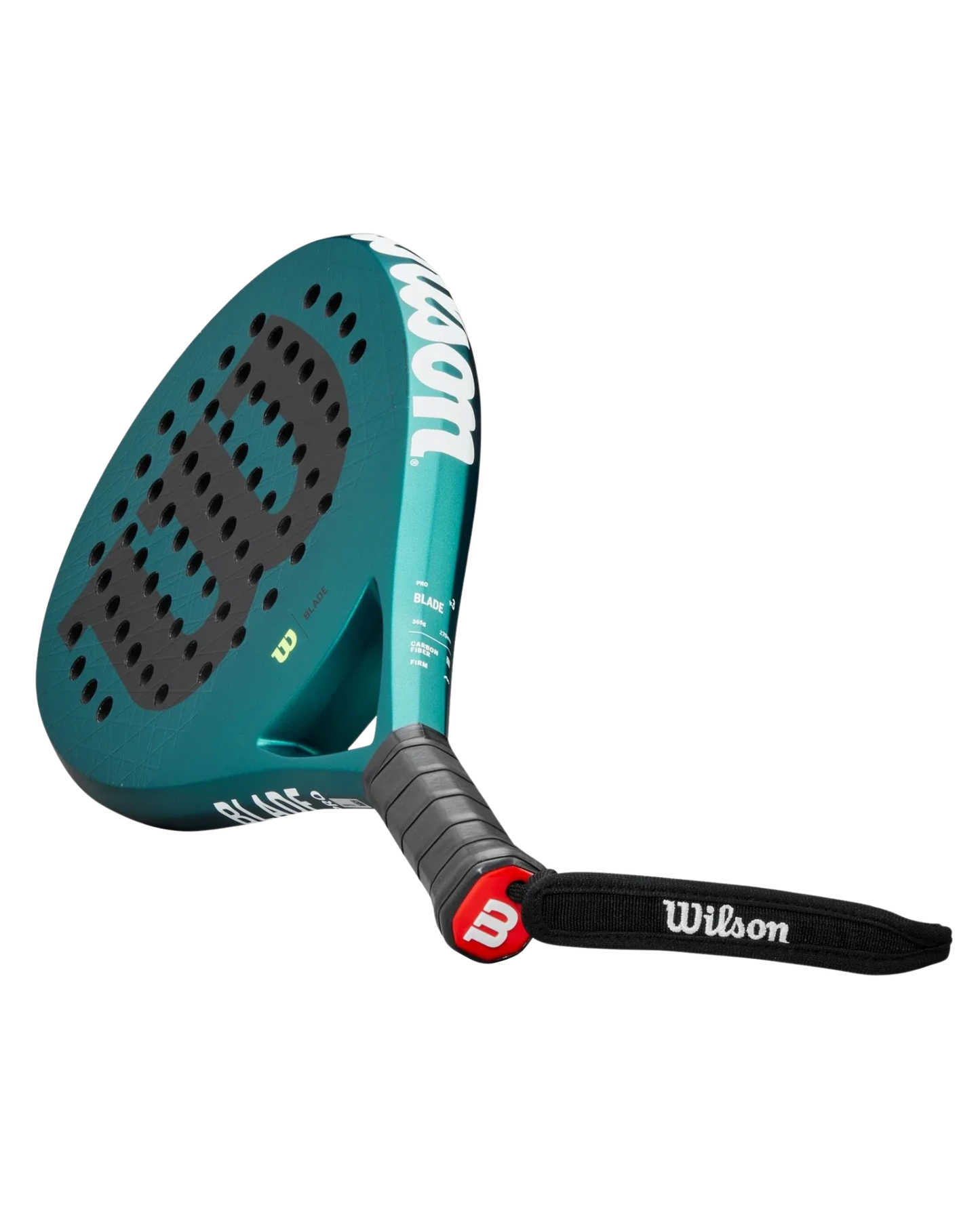 A teal Wilson Blade PRO V3 padel racket from Padel USA features black grip tape, a wrist strap labeled “Wilson,” a perforated carbon fiber face with a large black “W” logo, and “Wilson” in white on the neck and edge.