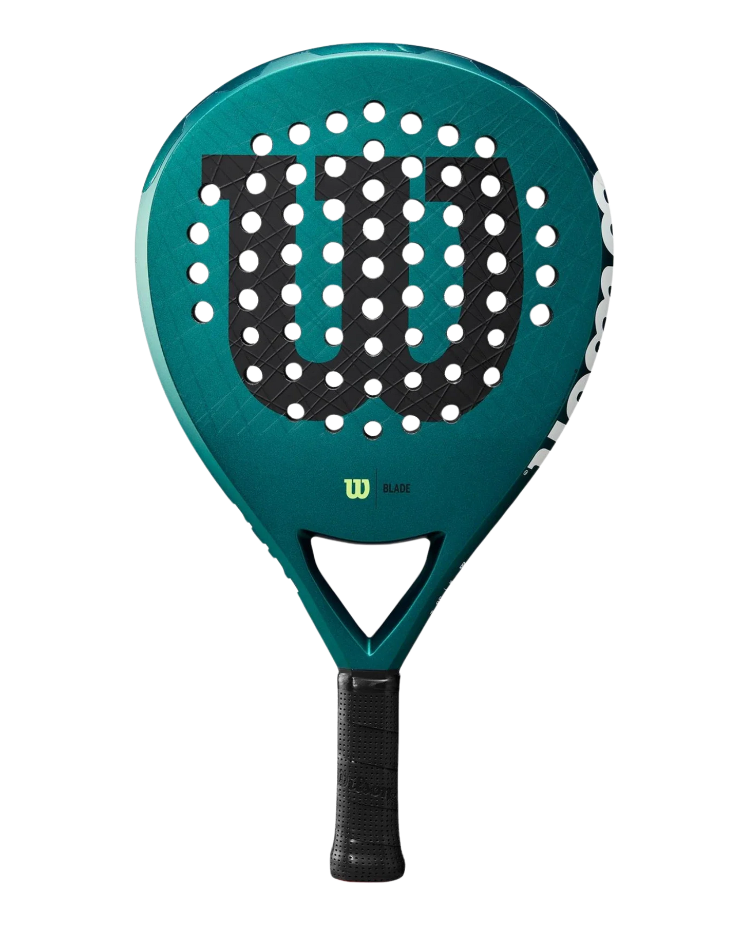 The Wilson Blade V3 by Padel USA is a green padel racket with a perforated Carbon Fiberglass face, large black W logo, textured surface, black grip handle, and "Blade" in small yellow text below the logo.