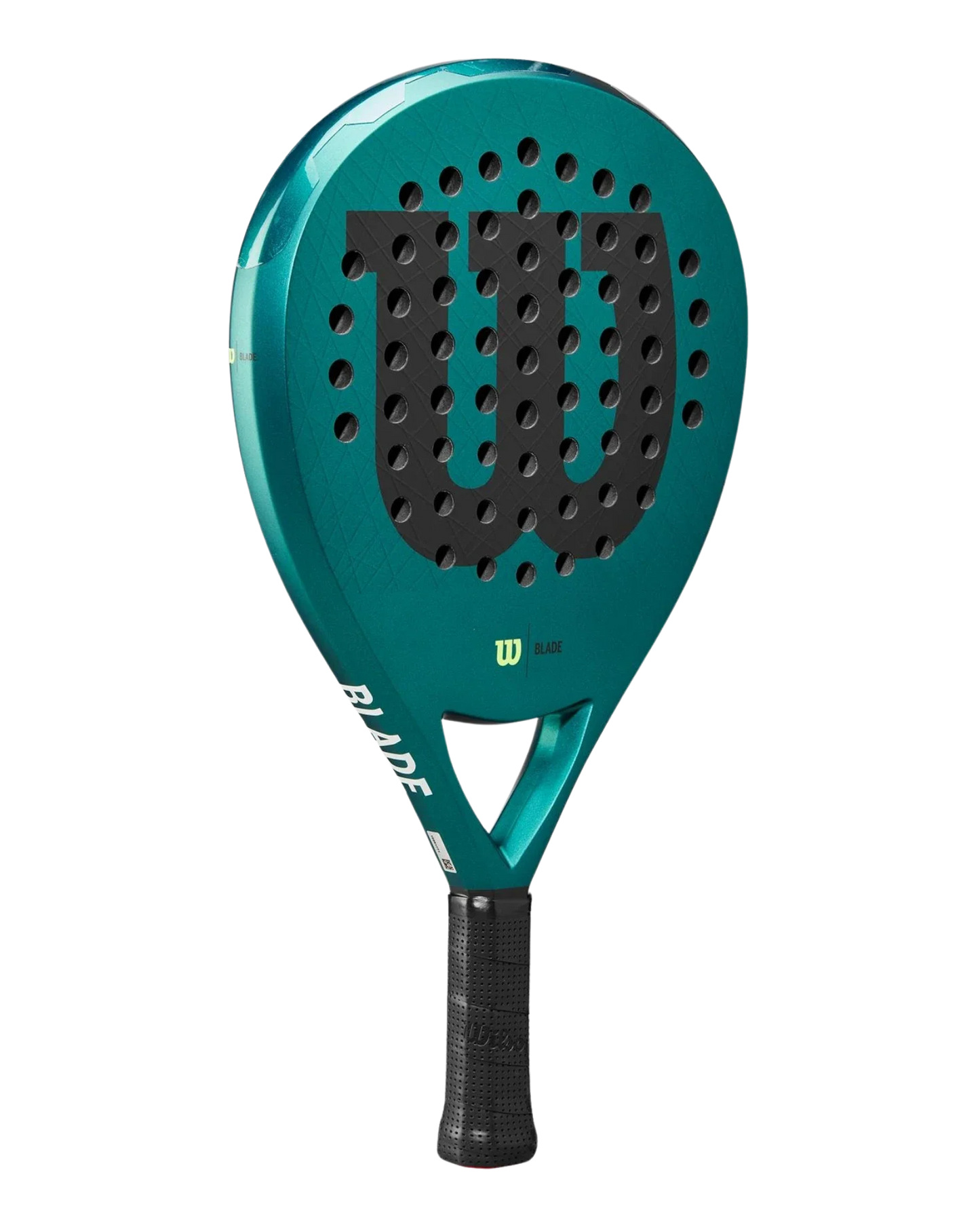 The Wilson Blade V3 by Padel USA is a green, teardrop-shaped padel racket with a large black “W” logo made of holes, a Carbon Fiberglass Composite build, black textured handle, and "BLADE" printed in white on the side.