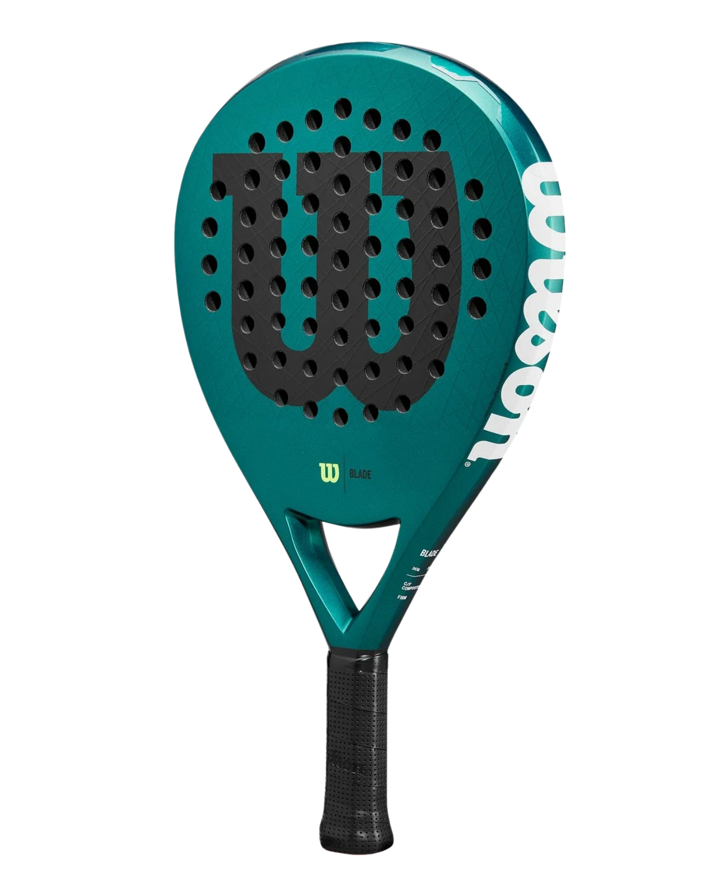 A close-up of the Wilson Blade V3 padel racket by Padel USA, crafted with Carbon Fiberglass Composite for improved power and control.
