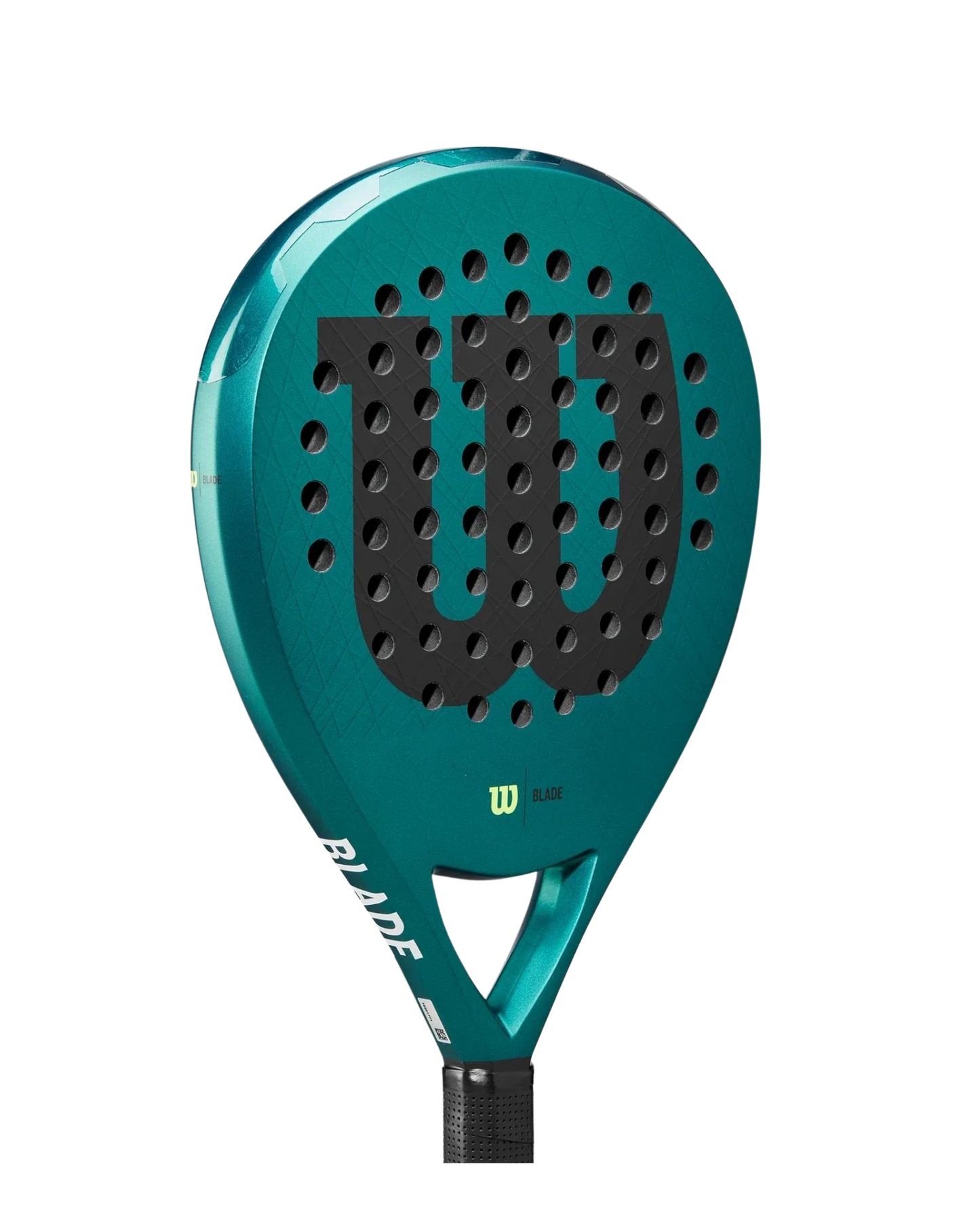The Wilson Blade V3 by Padel USA is a teal padel racket with a large black W, white "BLADE" text, evenly spaced holes, and a black grip. Made from Carbon Fiberglass Composite, it stands out on a plain white background.