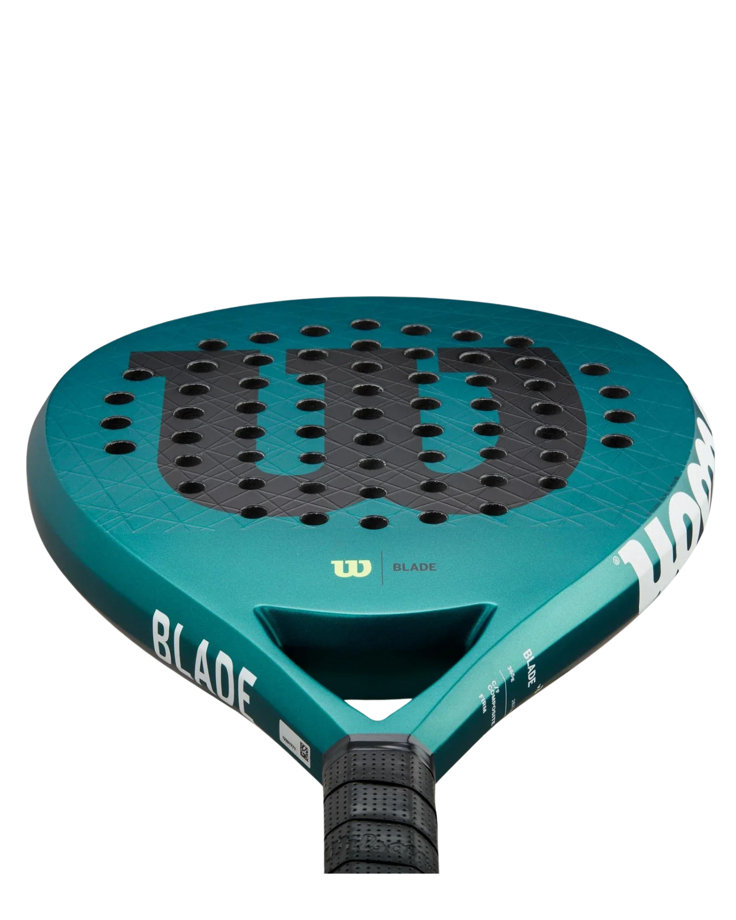 A close-up of the Wilson Blade V3 from Padel USA, showcasing its teal and black design, carbon fiberglass surface with circular holes, white "BLADE" on the side, black "W" logo, and a handle wrapped in black grip tape.
