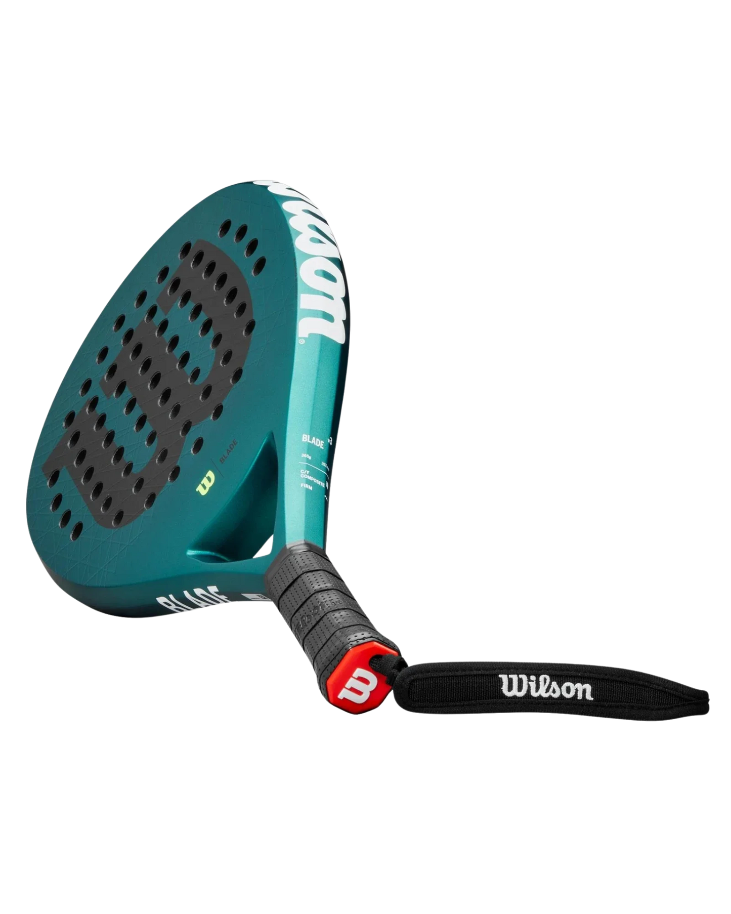 The Padel USA Wilson Blade V3 padel racket features a green frame, black perforated Carbon Fiberglass Composite face, black grip tape, and a “Wilson” strap, displayed angled to show its handle and face on a plain white background.