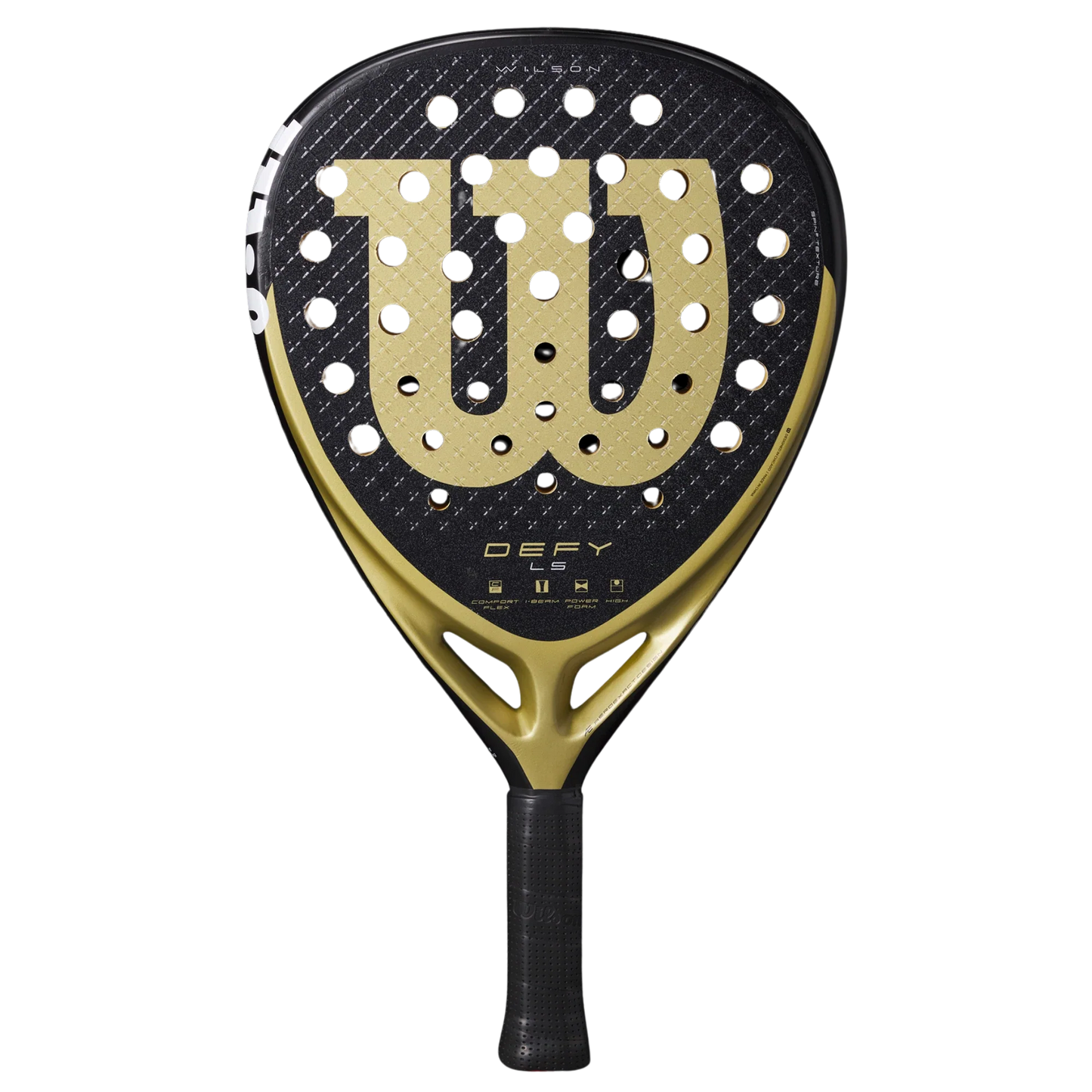 The Wilson Defy LS V1 Padel Racket by Padel USA features a black and gold design with a large gold logo, round perforations, black grip, and advanced aerodynamic power—ideal for experienced players.