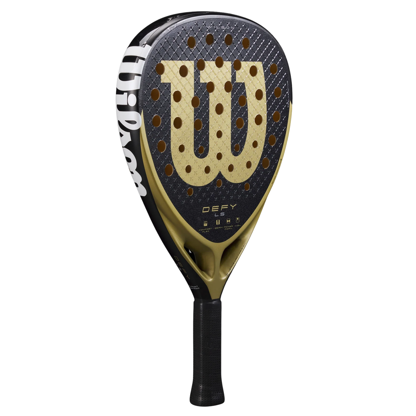 The Padel USA Wilson Defy LS V1 Padel Racket suits advanced players, featuring a black and gold design with a large gold W on the face, "Defy" at the throat, an aerodynamic power build, and Wilson branding above the black grip.