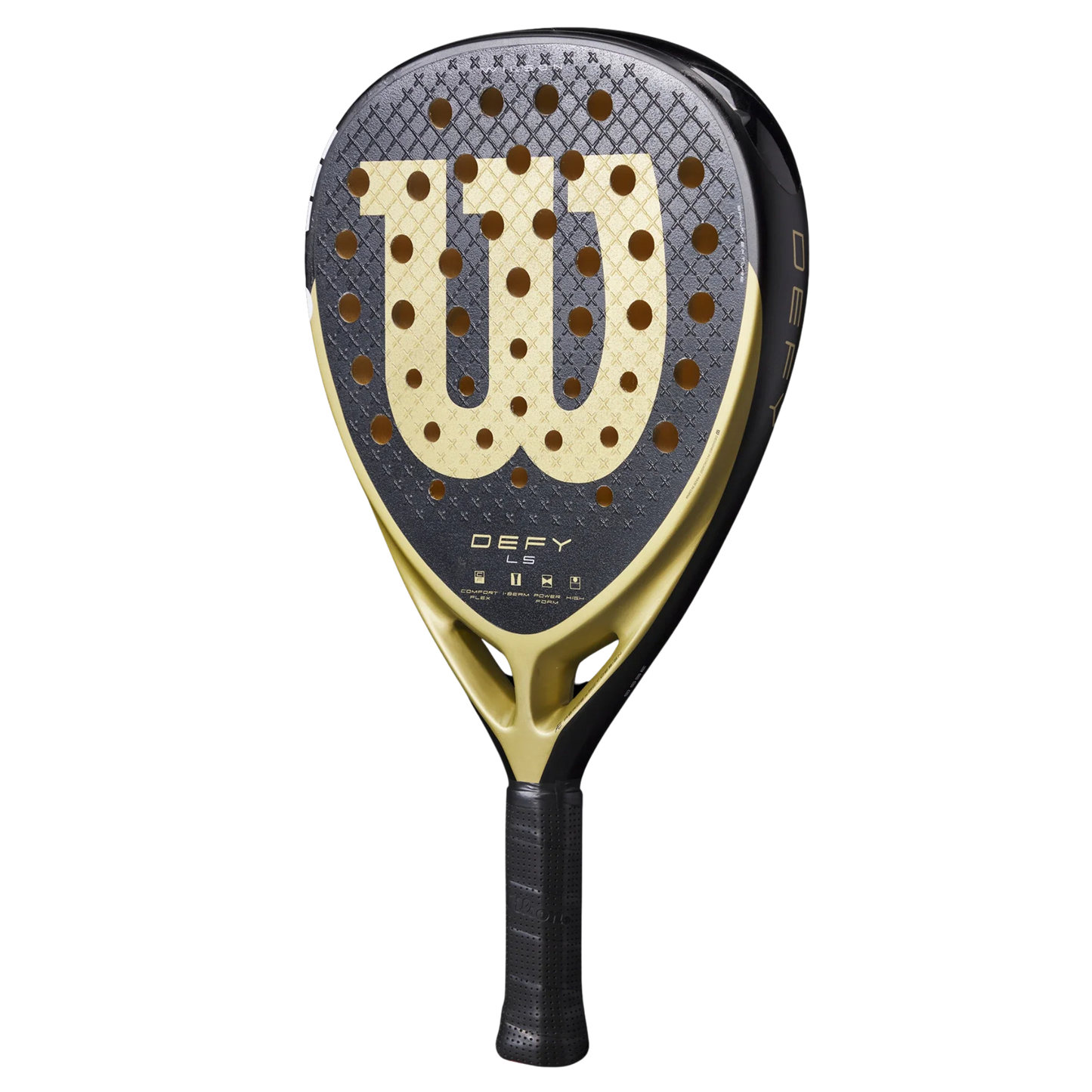 The Wilson Defy LS V1 Padel Racket by Padel USA features a black and gold design, textured surface, large gold "W" logo, circular holes for power, “DEFY” above the handle, and black grip tape—perfect for advanced padel players.