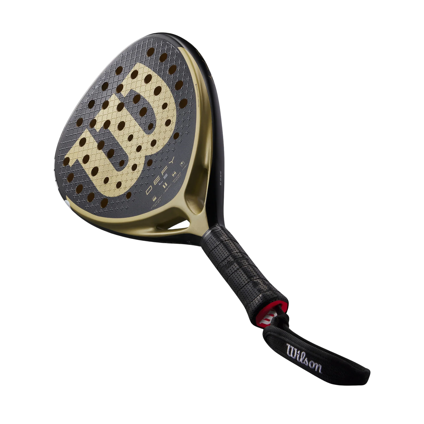 The Padel USA Wilson Defy LS V1 Padel Racket features a black and gold look, textured perforated face for power, black grip, and Wilson wrist strap—ideal for advanced players. Displayed on a plain white background.