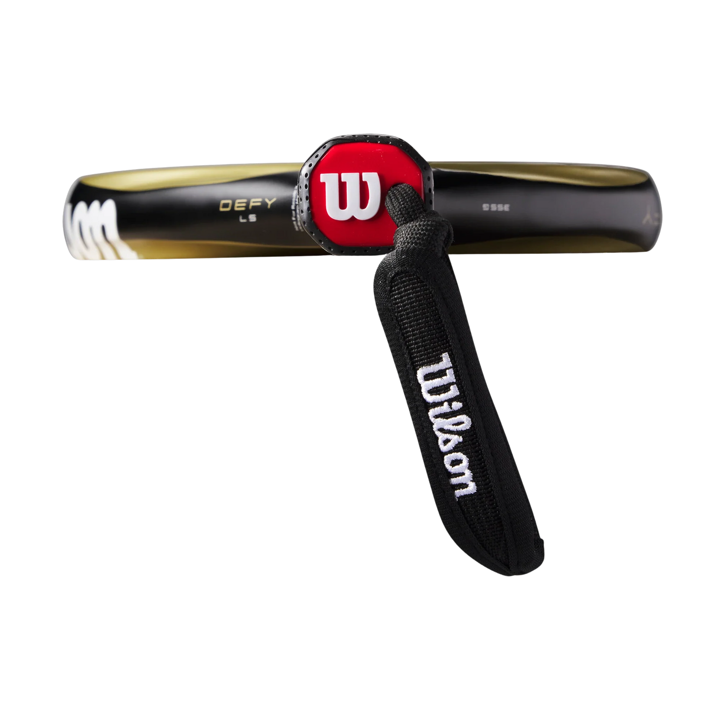 Close-up of the Wilson Defy LS V1 Padel Racket handle from Padel USA, featuring a black grip, red octagonal end cap with a white "W," and attached black Wilson-branded wrist strap. Ideal for advanced players.