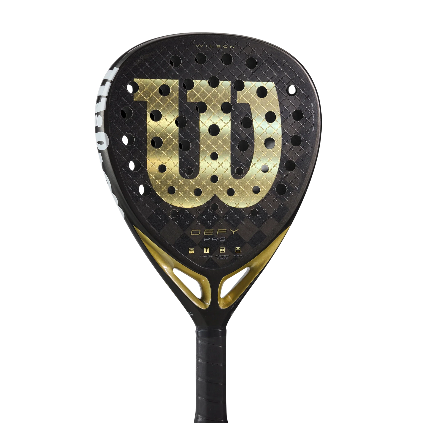 The Wilson Defy Pro V1 Padel Racket from Padel USA features a bold "W," stylish black and gold design, and a strong 15K Carbon Face for durability.