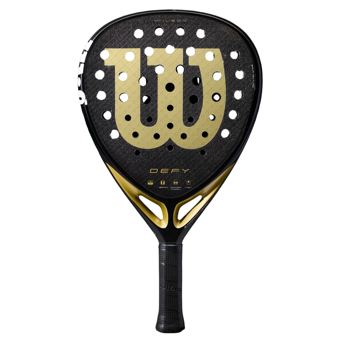 The Wilson Defy V1 Padel Racket by Padel USA features a 3K Carbon Face for power and spin, black design with gold accents, large gold W logo, DEFY branding, multiple round holes, and a textured grip handle.