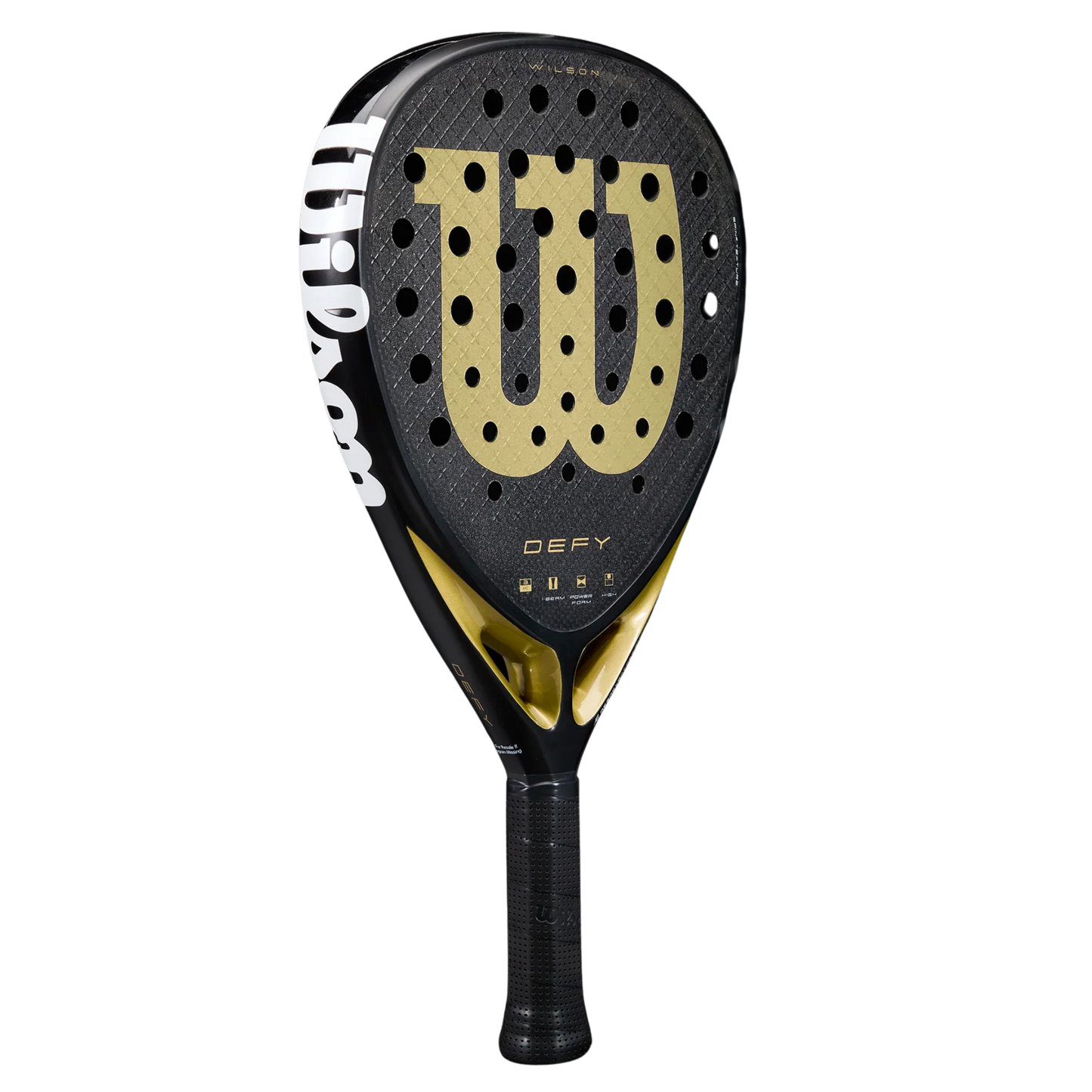 Unleash power and spin with the Padel USA Wilson Defy V1 Padel Racket, boasting a sleek black design, gold W logo, 3K Carbon Face, perforated circular holes, and a stylish black grip with gold accents.