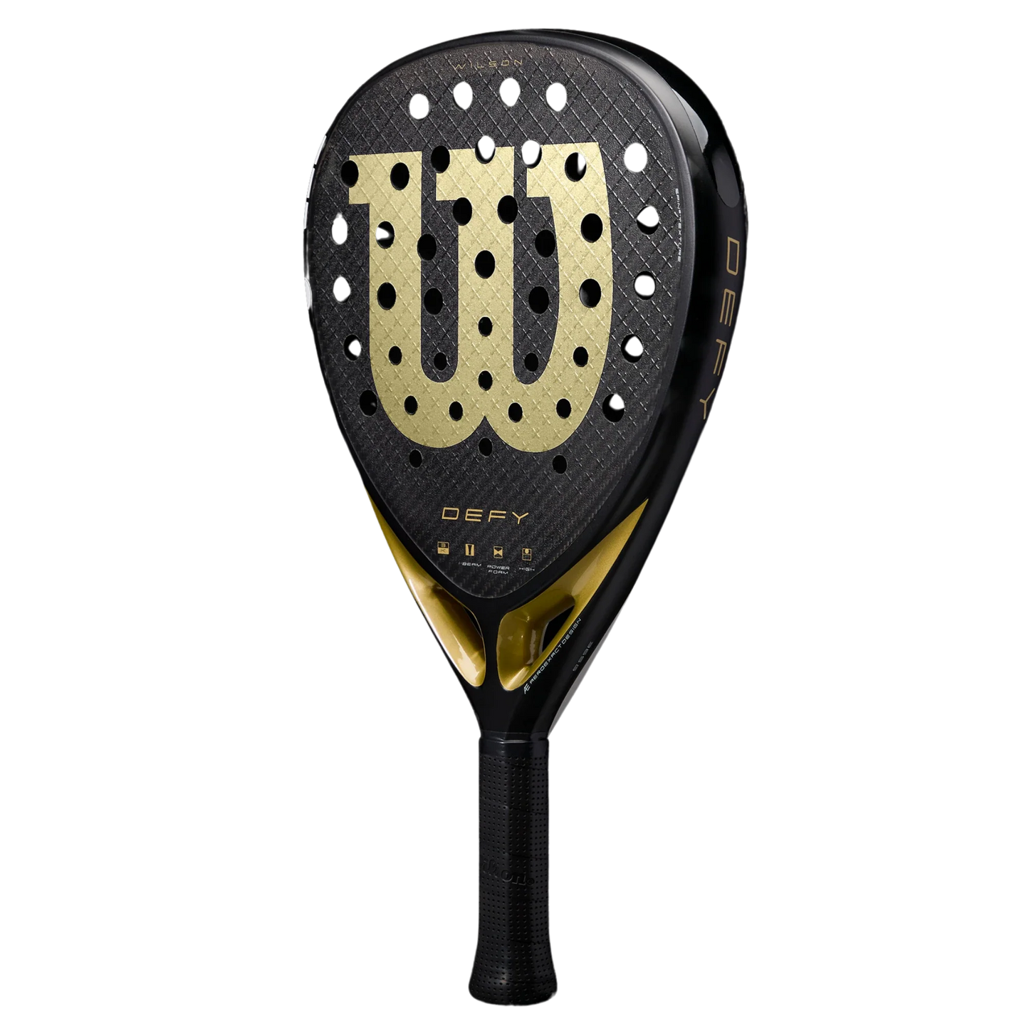 A black and gold Wilson Defy V1 Padel Racket from Padel USA with a perforated 3K Carbon Face for power and spin, bold gold W logo, brand and model name on the neck, textured black grip, set against a plain white background.