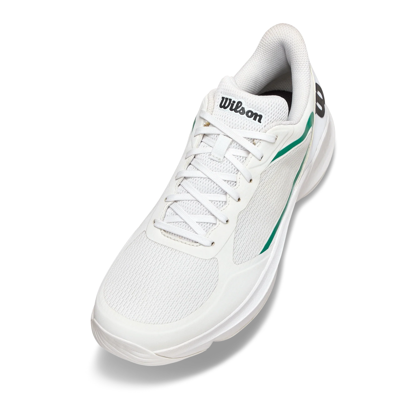 The Wilson HURAKN LITE Men's Padel Shoes by Padel USA are white, lightweight shoes with mesh and synthetic panels, a white sole, white laces, green side accent, and the black Wilson logo on the tongue and heel. The shoe is angled to show the top and outer side.