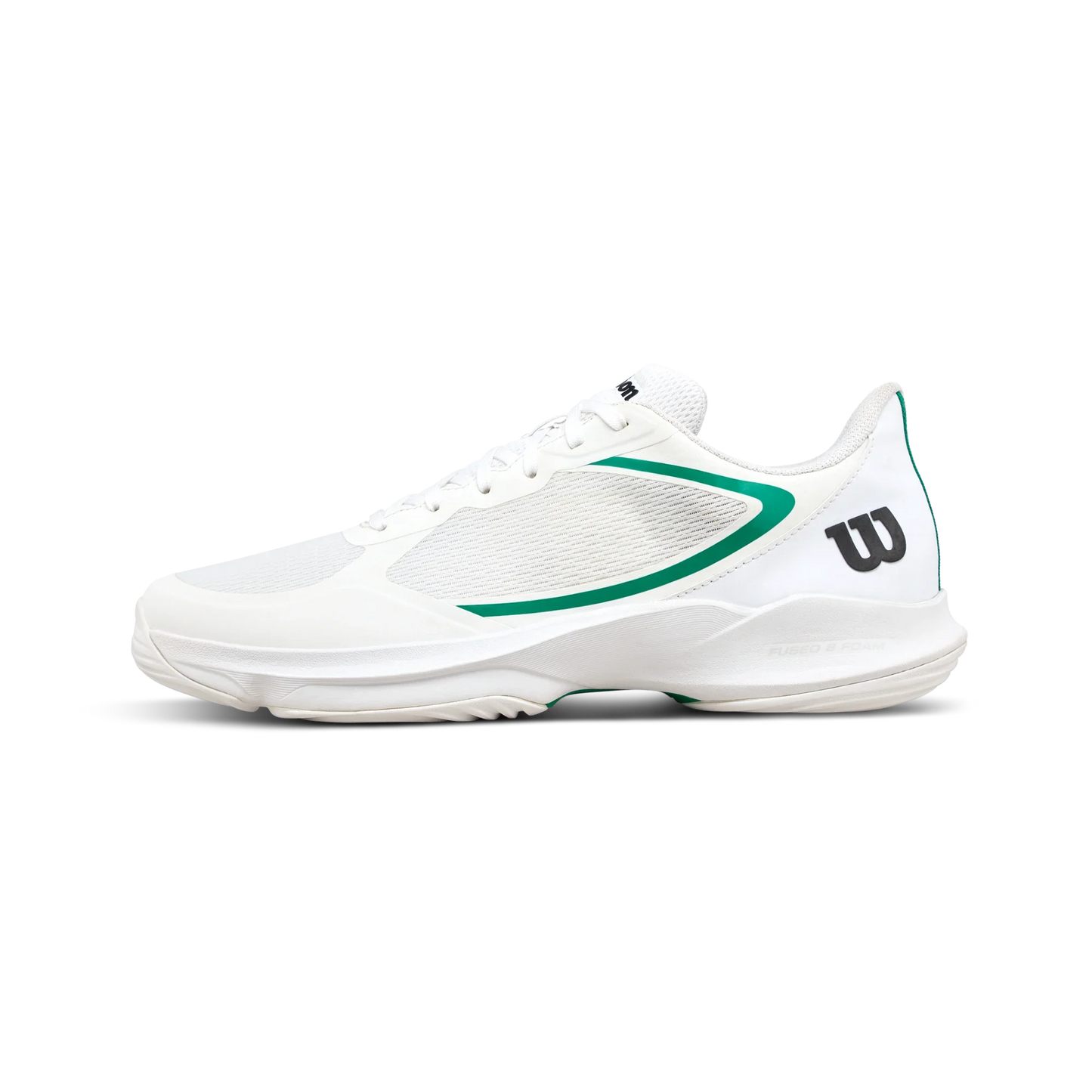 The Wilson HURAKN LITE Men's Padel Shoes by Padel USA feature white cushioning, green side accents, mesh panels for breathability, white laces, and a black W logo on the heel. Displayed on a plain light background in a left-facing side profile.