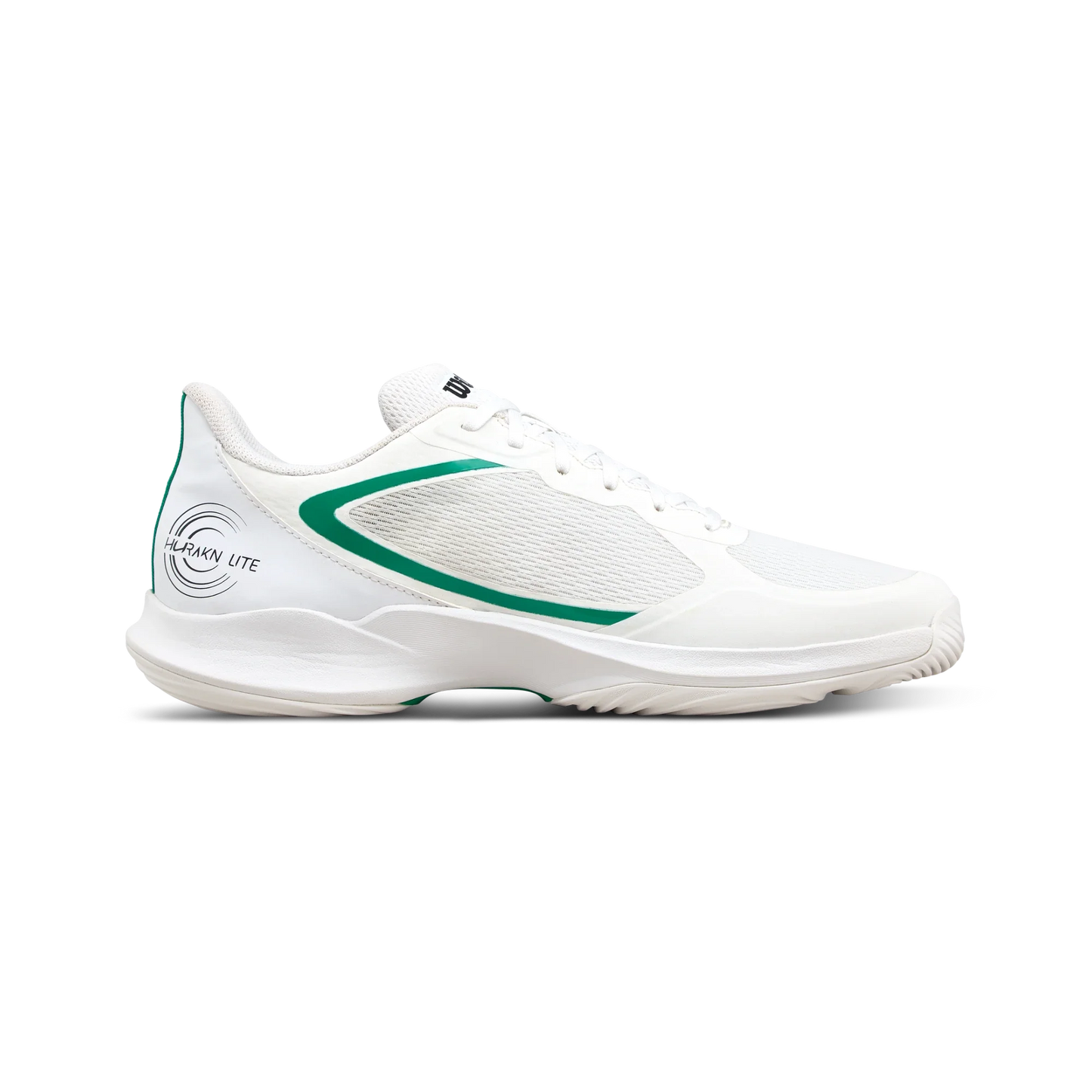 The Wilson HURAKN LITE Men's Padel Shoes by Padel USA are low-profile white sneakers with green accents and black logo. Featuring "HUMAN UTE" with a wave graphic, they offer mesh uppers, white laces, and a textured sole for breathable comfort.