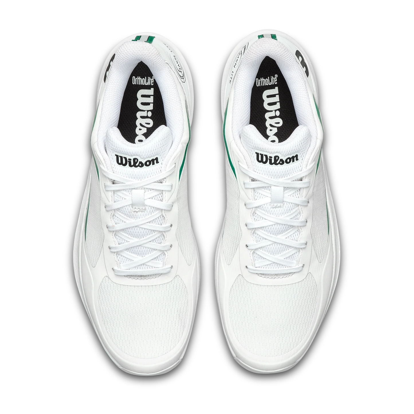 Top-down view of Wilson HURAKN LITE Men's Padel Shoes by Padel USA. These white court shoes have green accents, mesh uppers, black Ortholite insoles, Wilson branding, white laces, and are shown on a light gray background.