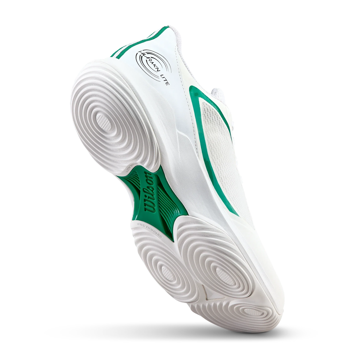 The Wilson HURAKN LITE Men's Padel Shoes by Padel USA are shown from a low angle, featuring a grooved white sole, cushioned design, mesh and synthetic panels, green midsole detail, and a circular WearLite logo on the side.