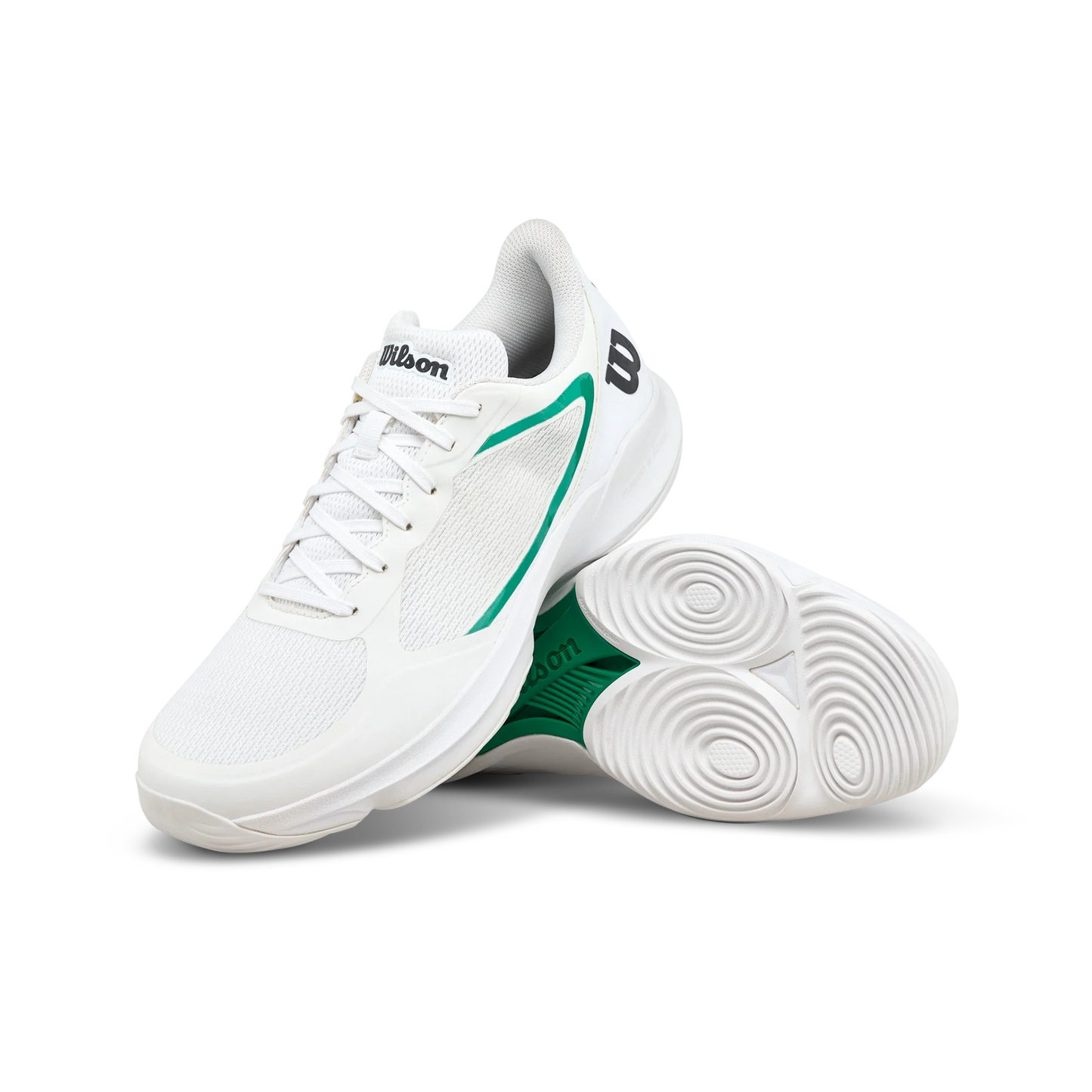 The Wilson HURAKN LITE Men's Padel Shoes by Padel USA feature a white breathable mesh upper, green side accents, and black Wilson logos on the tongue and heel. One shoe stands upright; the other shows the white sole’s circular tread patterns.
