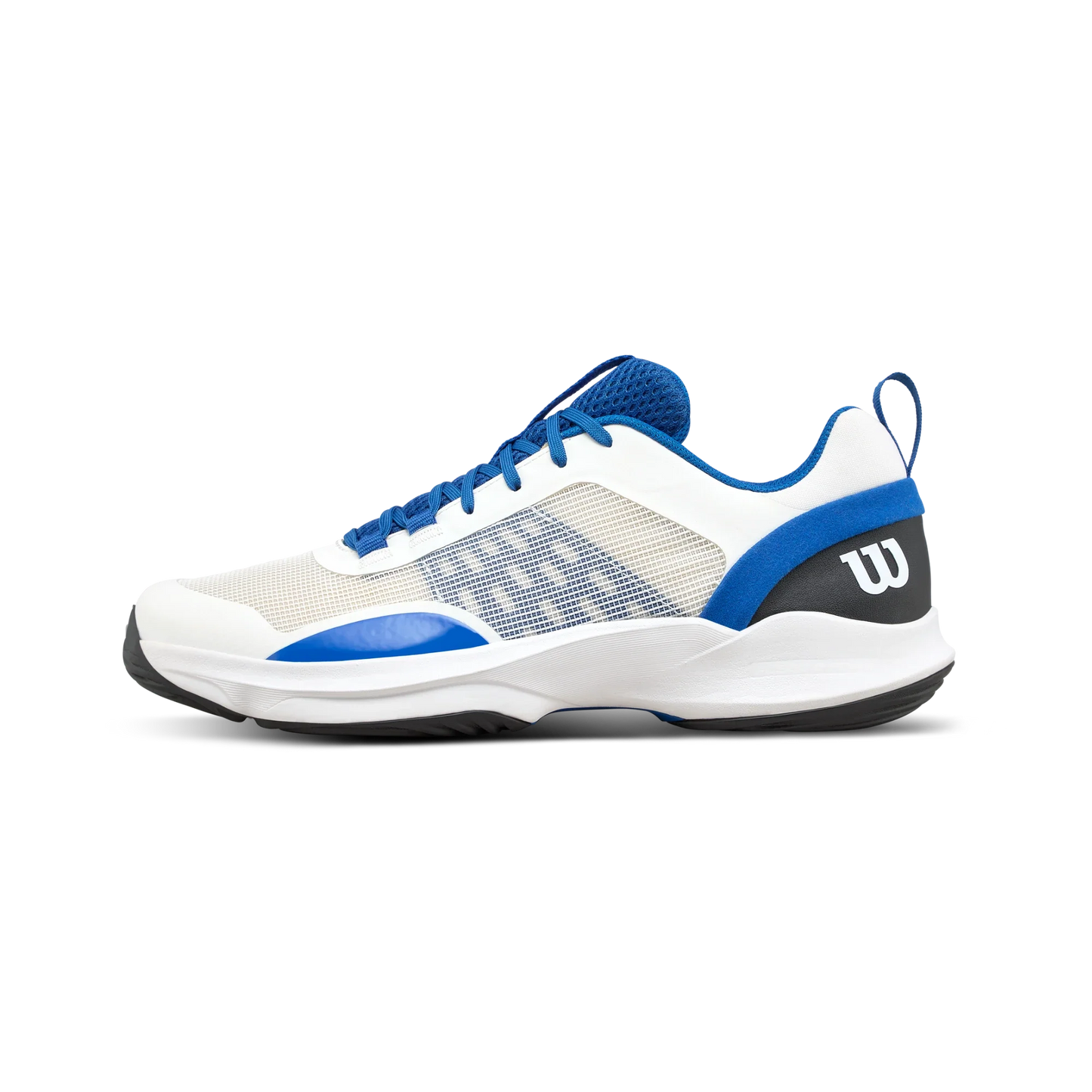 The Wilson HURAKN Pro V2 Men's Padel Shoes from Padel USA are white with blue accents, blue laces, a blue heel tab, mesh panels for breathability, arch support, a reinforced toe area, black sole and heel, plus a white “W” logo.