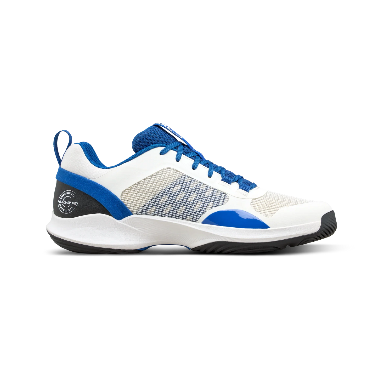 The Wilson HURAKN Pro V2 Men's Padel Shoes by Padel USA feature a white mesh upper, blue accents, black outsole, Flow Pro heel branding, and offer lightweight breathability plus excellent arch support for padel sports.