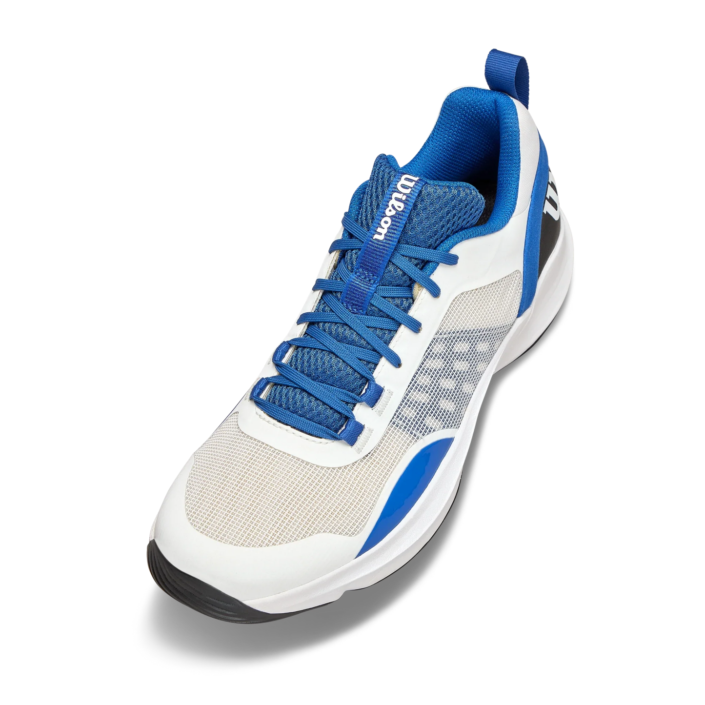 The Wilson HURAKN Pro V2 Men's Padel Shoes by Padel USA feature a lightweight mesh upper for breathability, arch support, reinforced toe, textured sole, pull tab, and blue accents with the Wilson logo on the tongue and heel.
