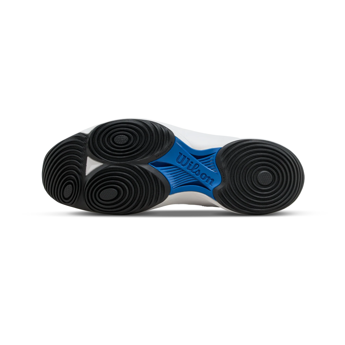 Close-up of the Wilson HURAKN Pro V2 Men's Padel Shoes sole by Padel USA shows a white base, black circular traction, and a blue textured midsection with the Wilson logo—delivering standout grip, support, and brand identity for every match.