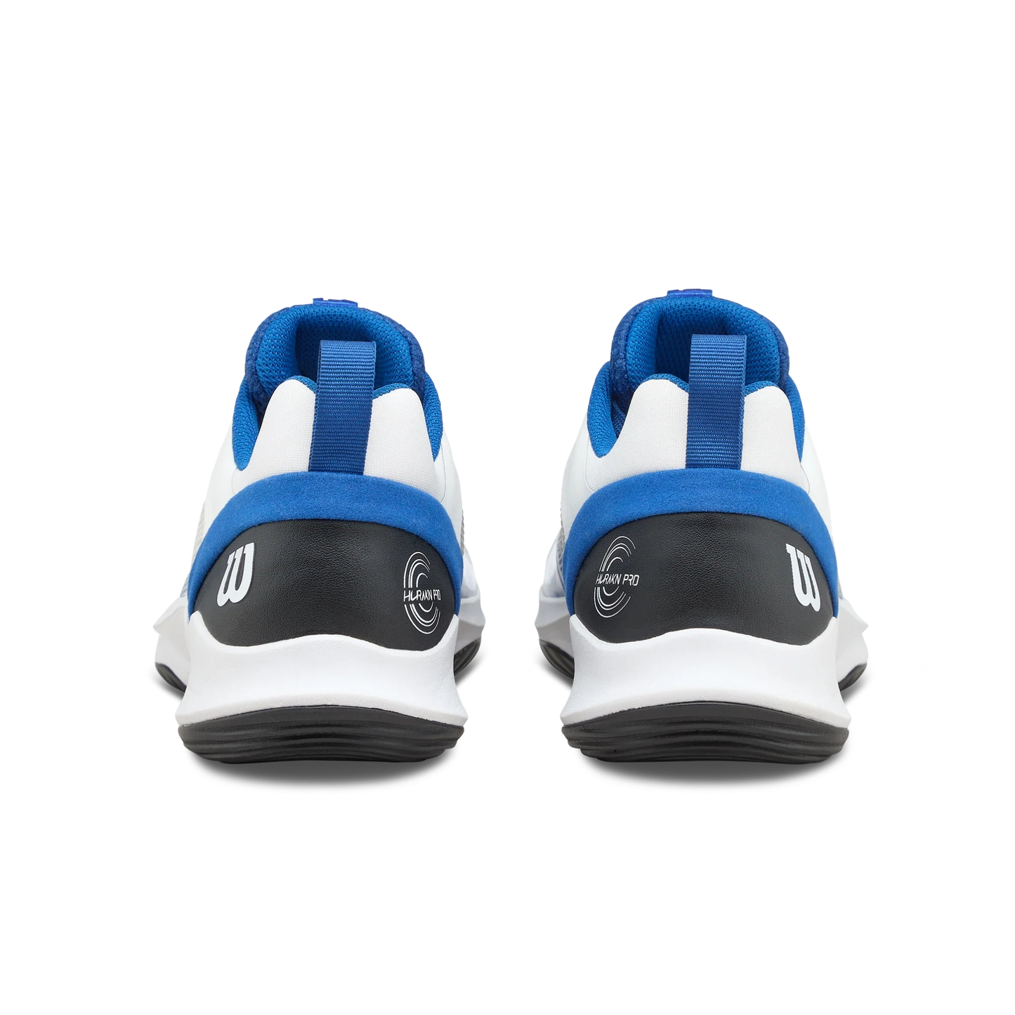 The Wilson HURAKN Pro V2 Men's Padel Shoes by Padel USA feature blue collars, white uppers, black heels with white W logos, and Kaos Pro branding. These lightweight, breathable shoes offer arch support for comfort on and off the court.