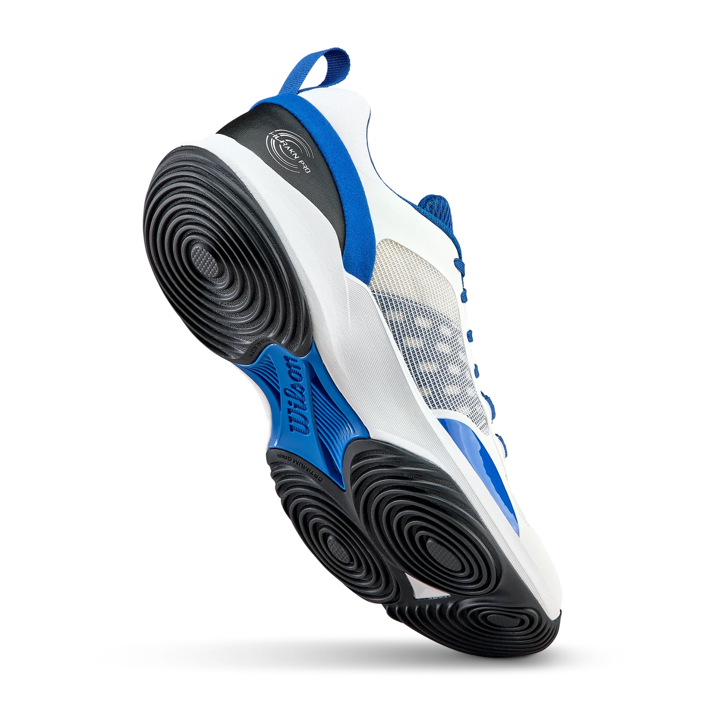 The Wilson HURAKN Pro V2 Men's Padel Shoes by Padel USA are shown from a low rear angle, highlighting the textured black sole with circular patterns, breathable white mesh panel, blue accents, and a blue heel loop.
