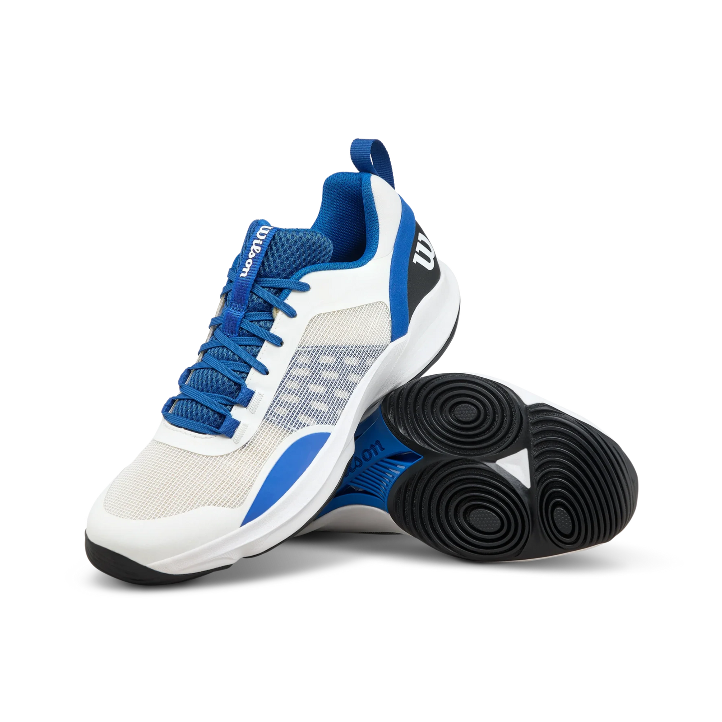 A pair of Wilson HURAKN Pro V2 Men's Padel Shoes from Padel USA feature lightweight white mesh uppers, blue accents and laces, black soles, and a blue interior—one shoe upright, the other showing its textured sole.
