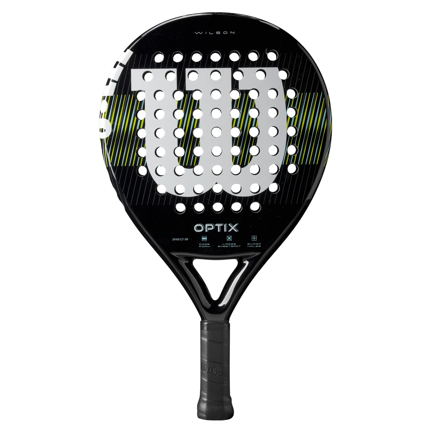 The Wilson Optix V1 Black Padel Racket by Padel USA features a black frame, perforated head, bold white “W” logo, diagonal lime green and white lines, and a black grip-taped handle. The background is plain white.