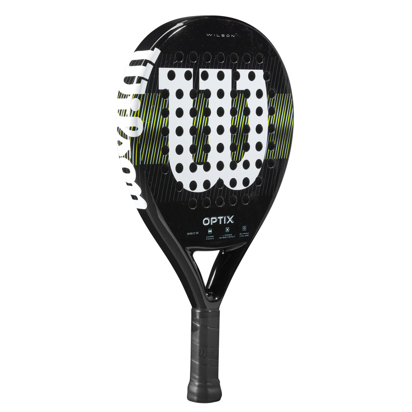 The Wilson Optix V1 Black Padel Racket from Padel USA features a bold white "W" logo, circular face holes, black grip, and green and white accents—combining style and precision for your best performance on the court.