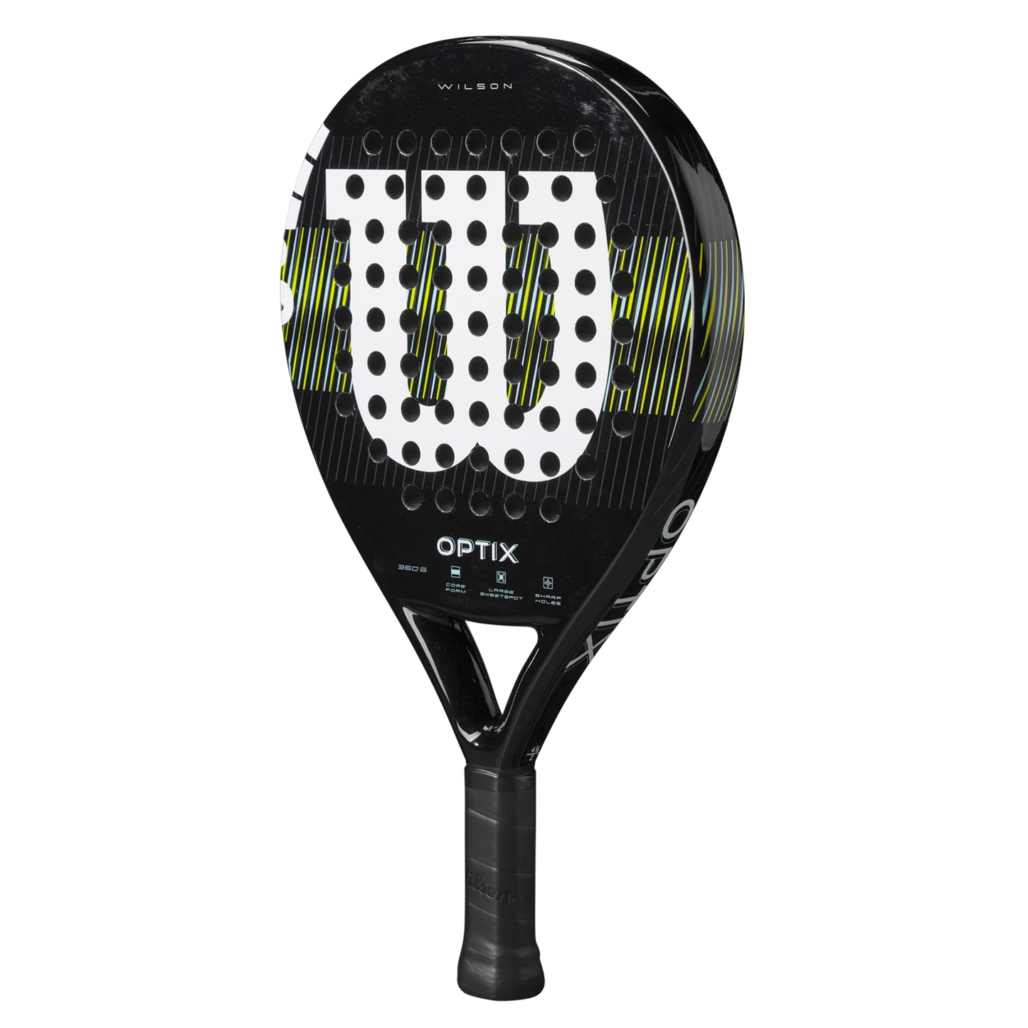The Padel USA Wilson Optix V1 Black Padel Racket features a black design with a large white W logo, yellow accents, "OPTIX" below the perforations, and a black grip handle, displayed on a plain white background.