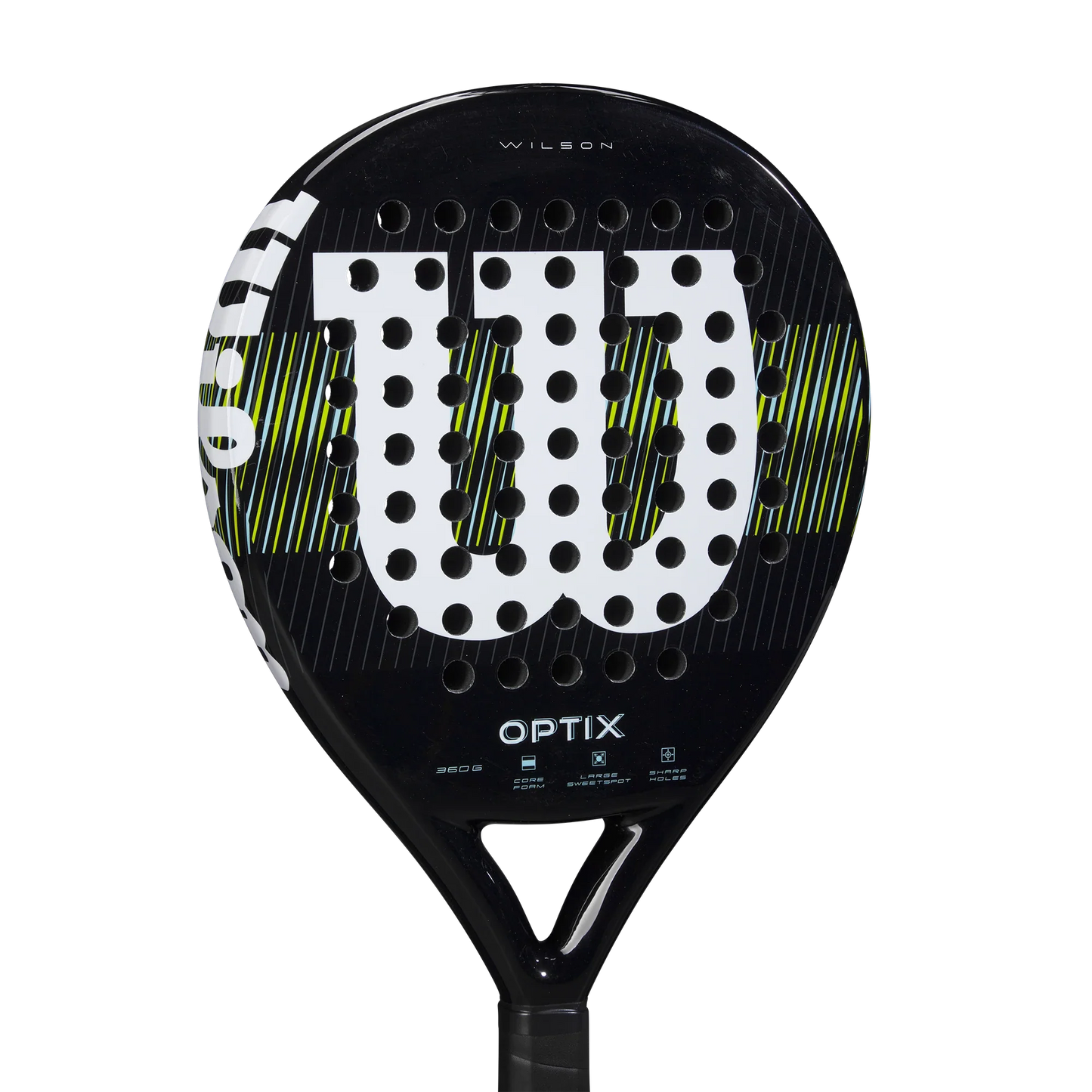 The Wilson Optix V1 Black Padel Racket from Padel USA features a large white W logo with diagonal yellow stripes, evenly spaced holes, and a sleek, modern design with "OPTIX" near the handle.