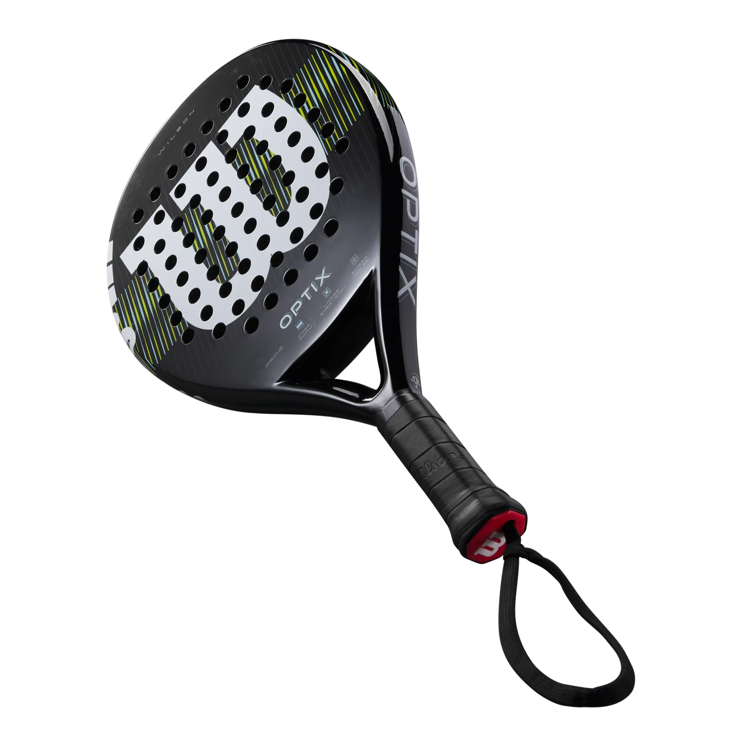 The Wilson Optix V1 Black Padel Racket from Padel USA features a perforated face with green and white diagonal stripes, a large white W logo, black grip tape, adjustable wrist strap, and is ideal for beginners.