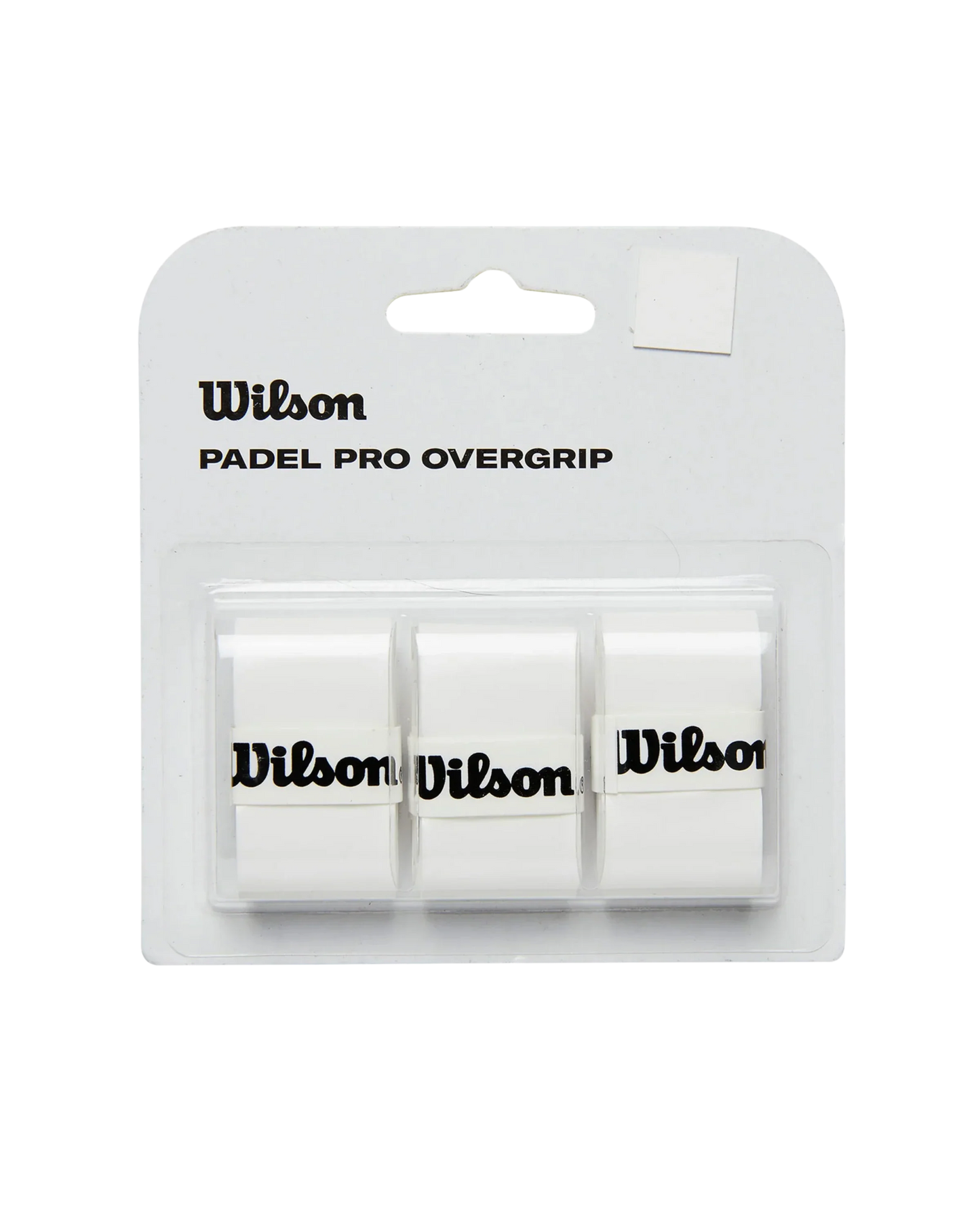 The Wilson Pro Overgrip 3pcs Pack WH from Padel USA offers three comfortable white overgrips, each featuring black Wilson text, packaged side by side on a white card labeled "Wilson PADEL PRO OVERGRIP.