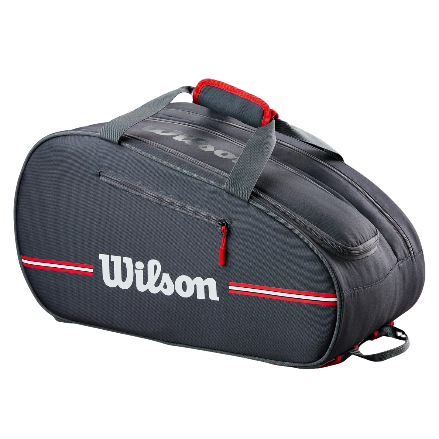 The Wilson Team Padel Bag - Black by Padel USA features a dark gray design with red and white stripes, zippered side pocket, double gray handles with a red grip, spacious main compartment, and a prominent white Wilson logo on the side.