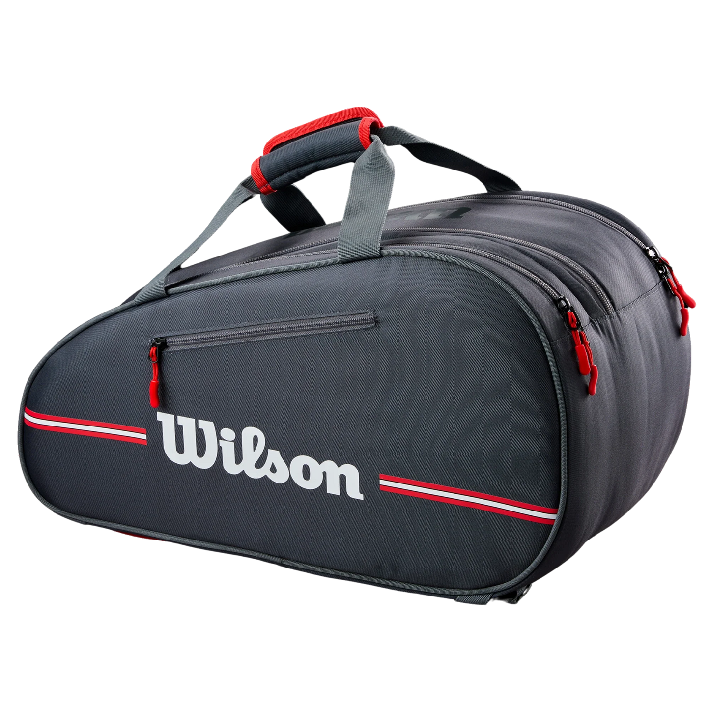The Wilson Team Padel Bag - Black from Padel USA features a white logo, red accents, side zipper pocket, and dual carrying handles with a red grip—ideal for your next padel or racket bag. Shown on a plain white background.