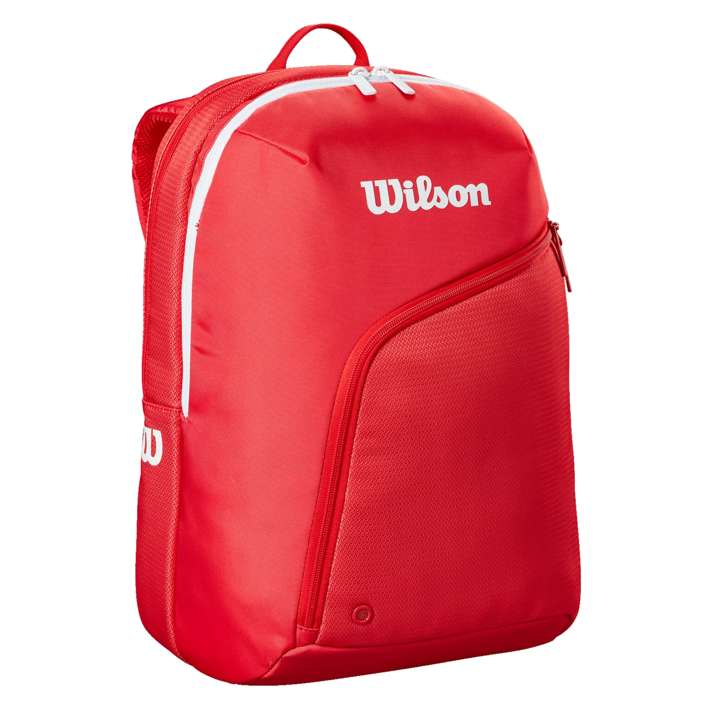 The Wilson Tour Red Padel Backpack from Padel USA features a bright red design with a white Wilson logo, white zipper, curved zip pocket, mesh detail, and grommet—perfect for carrying all your padel gear.