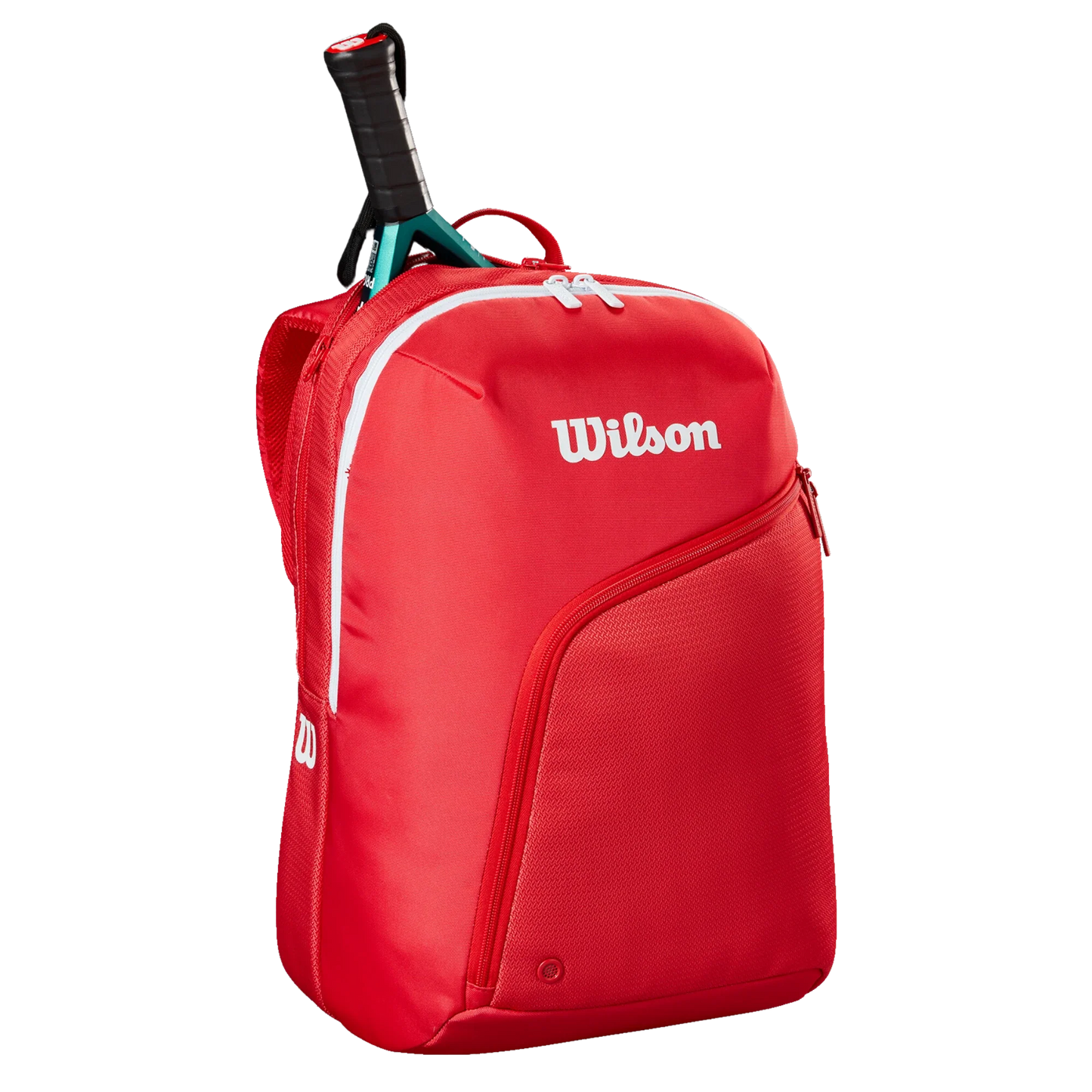 The Wilson Tour Red Padel Backpack from Padel USA features a bright red design with white zippers, Wilson logo, a main compartment for your padel racket, curved front zip pocket, and mesh side pocket, all shown on a plain white background.