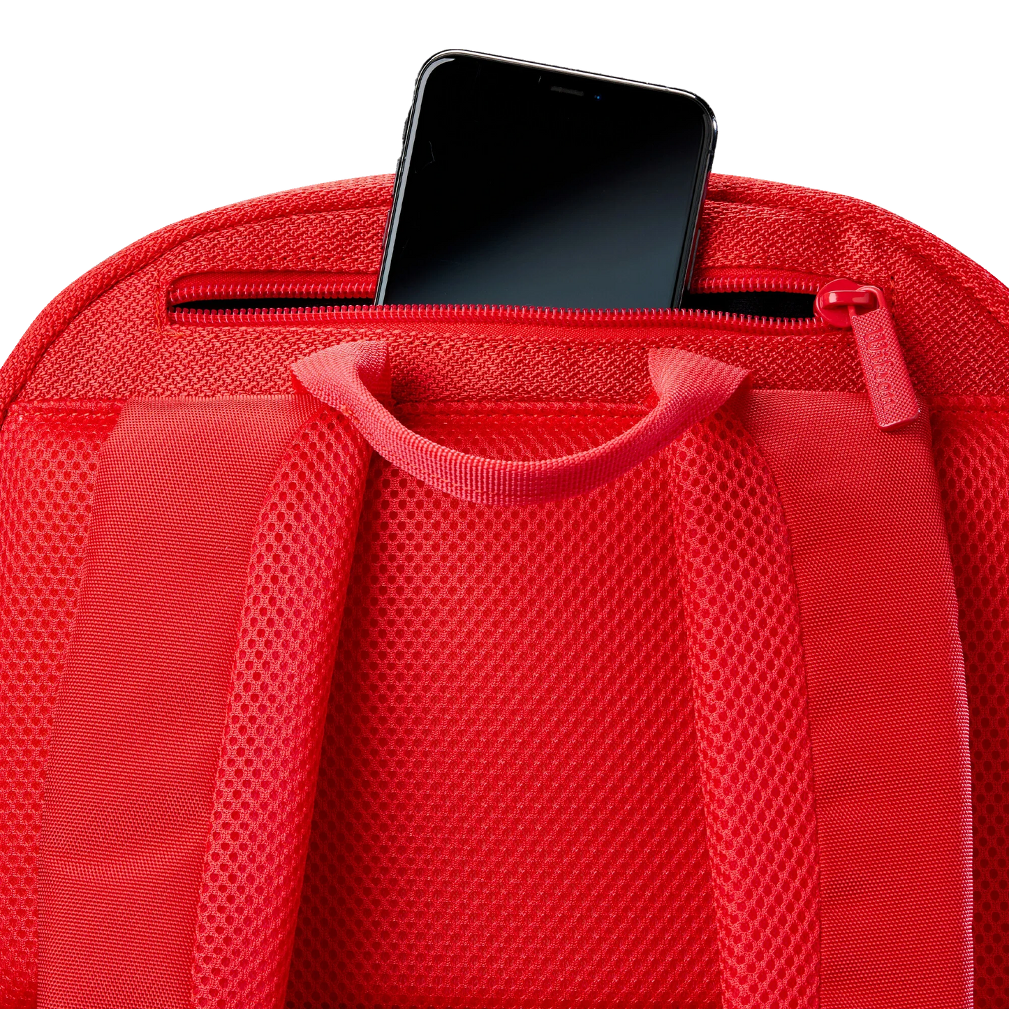 A black smartphone peeks out of a zippered pocket on the back of the Padel USA Wilson Tour Red Padel Backpack, which has padded mesh straps, a sturdy handle, and is pictured against a plain white background.