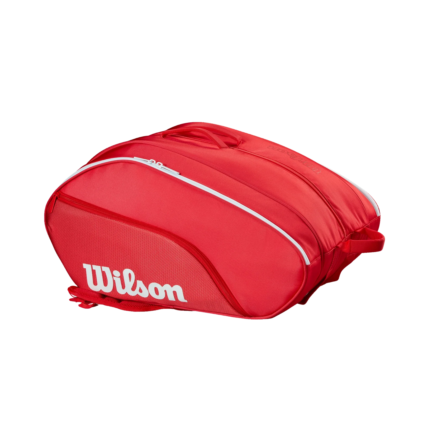 The Wilson Tour Red Padel Bag by Padel USA boasts Thermoguard tech, a roomy main compartment, zippered front pocket, mesh section, and a bold red design with white zipper and logo—perfect for padel players.