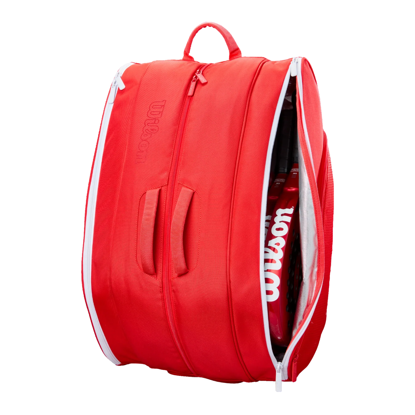 The Wilson Tour Red Padel Bag by Padel USA features Thermoguard technology, two large white-lined zippered compartments for rackets, padded handles, and a top carrying loop.