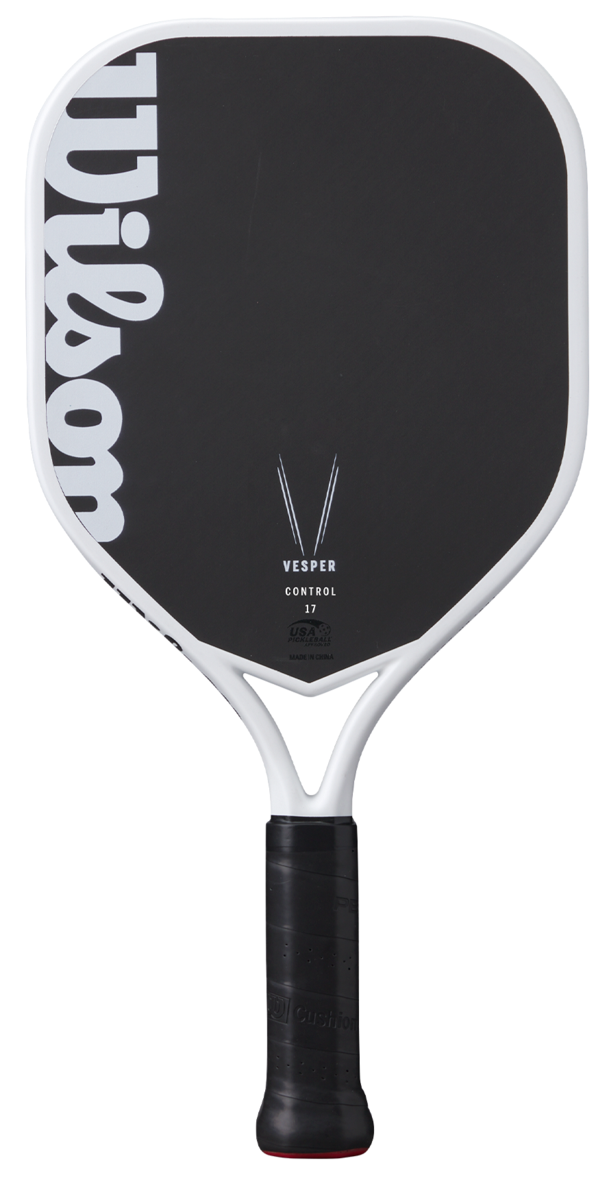 The Royal Pickleball Wilson Vesper Control 17MM features a black and white carbon fiber rectangular face with a vertical Wilson logo, "Vesper Control 17" near the center, a black grip, and a white frame around the edge for enhanced spin.