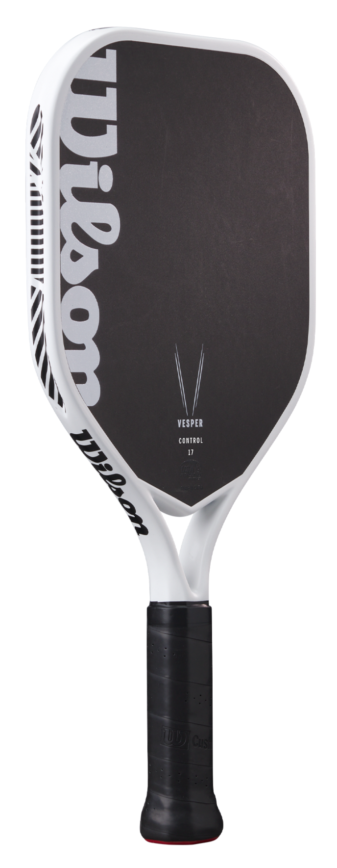 The Royal Pickleball Wilson Vesper Control 17MM features a carbon fiber black face, large white Wilson logo left-edge, white frame, black grip tape handle, and "Vesper Control 17" printed at center for max power and spin.