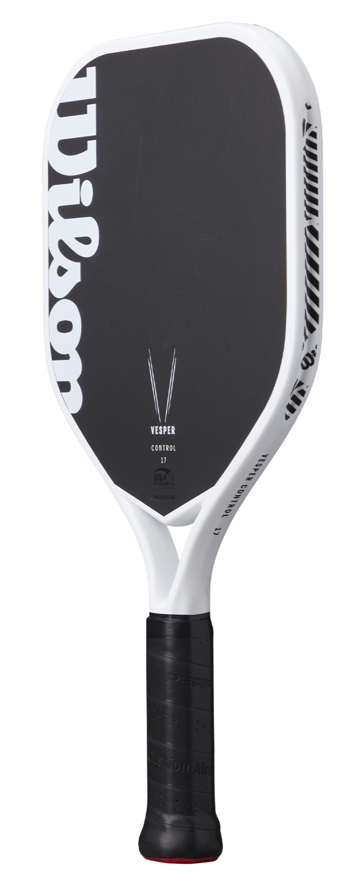 The Royal Pickleball Wilson Vesper Control 17MM paddle features a black carbon fiber face, large white Wilson logo, white edge, black textured grip, and subtle silver accents for maximum power and a modern design.