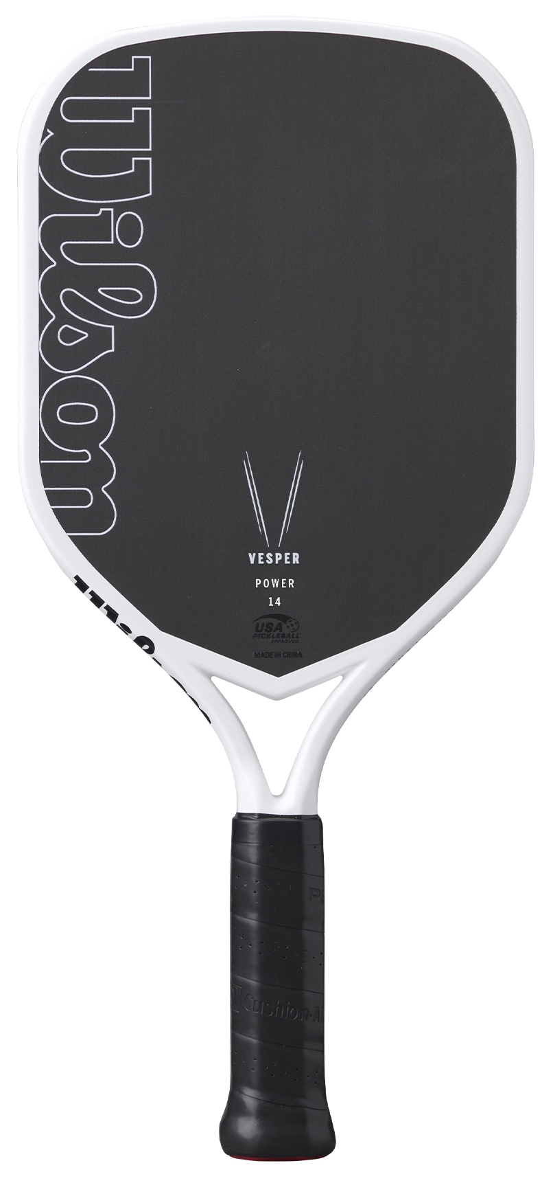 A black and white Royal Pickleball Wilson Vesper Power 14MM carbon fiber paddle with a rectangular face, white edge guard, black grip, and "wilson" text along the side. Delivers impressive spin control with model name and specs near the throat.